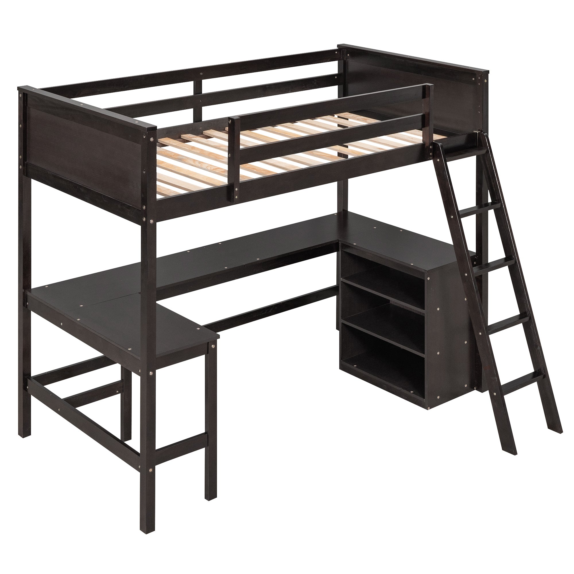 Twin size Loft Bed with Shelves and Desk, Wooden Loft Bed with Desk - Espresso(OLD SKU:LT000537AAP) - Atlantic Fine Furniture Melbourne FL