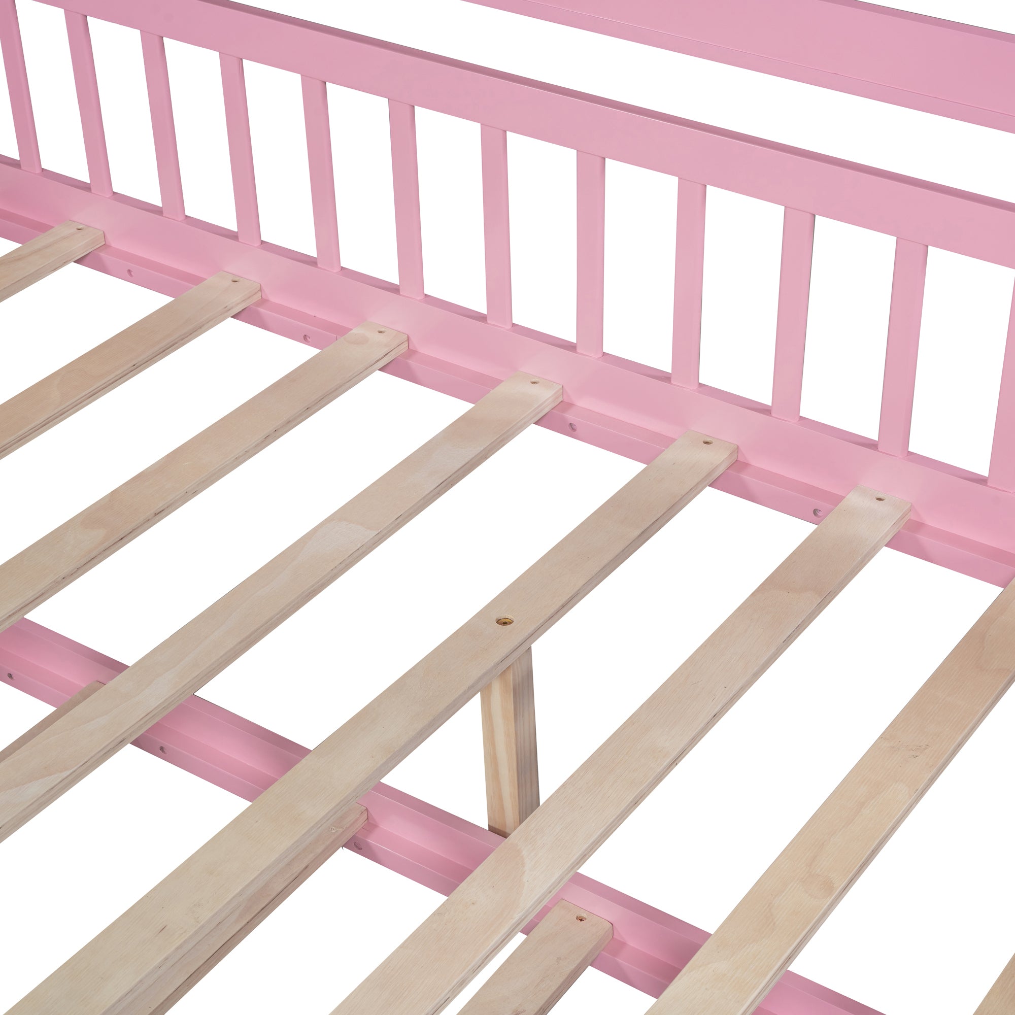 Wooden Full Size House Bed with Twin Size Trundle,Kids Bed with Shelf, Pink - Atlantic Fine Furniture Melbourne FL