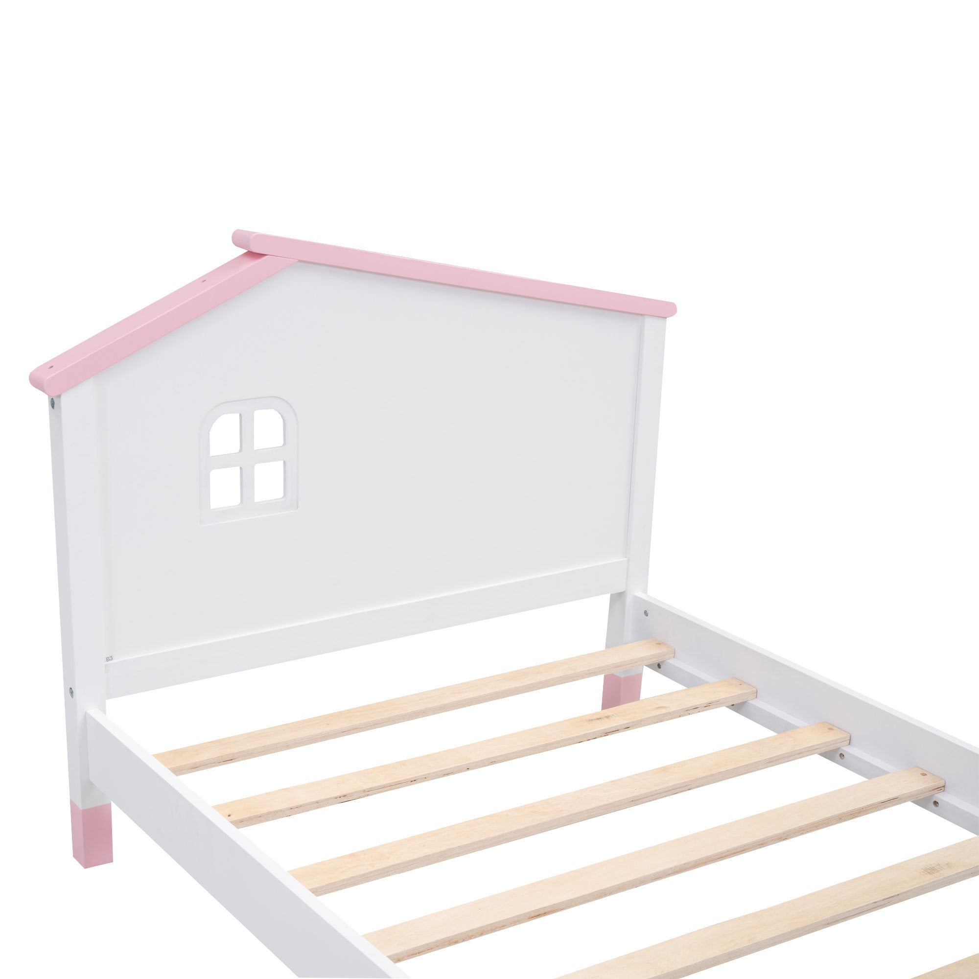 Twin Size Wood Platform Bed with House-shaped Headboard (White+Pink)
