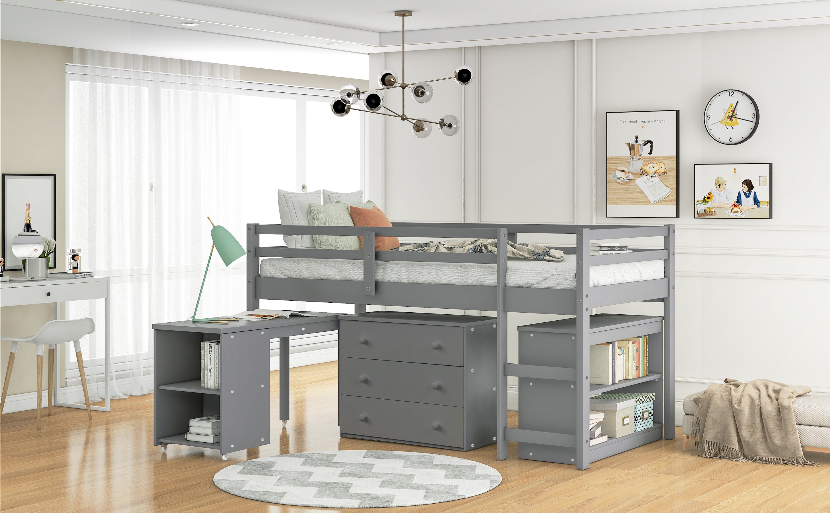 Low Study Twin Loft Bed with Cabinet and Rolling Portable Desk - Gray (OLD SKU :LP000113AAE) - Atlantic Fine Furniture Melbourne FL