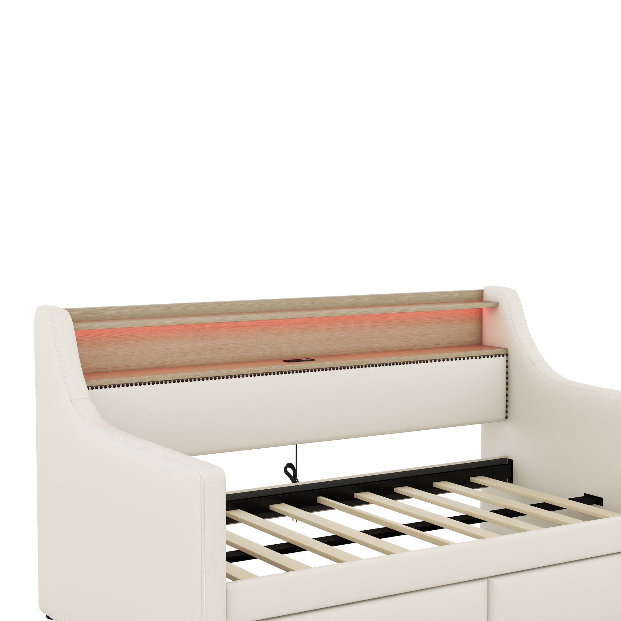 Twin Size Daybed with Storage Drawers, Upholstered Daybed with Charging Station and LED Lights, Beige (Expect arrive date: December 30th.)