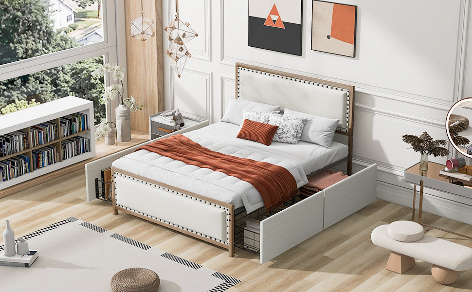 Queen Size Upholstered Platform Bed with Nailhead Decoration and 4 Drawers, Brown - Atlantic Fine Furniture Melbourne FL