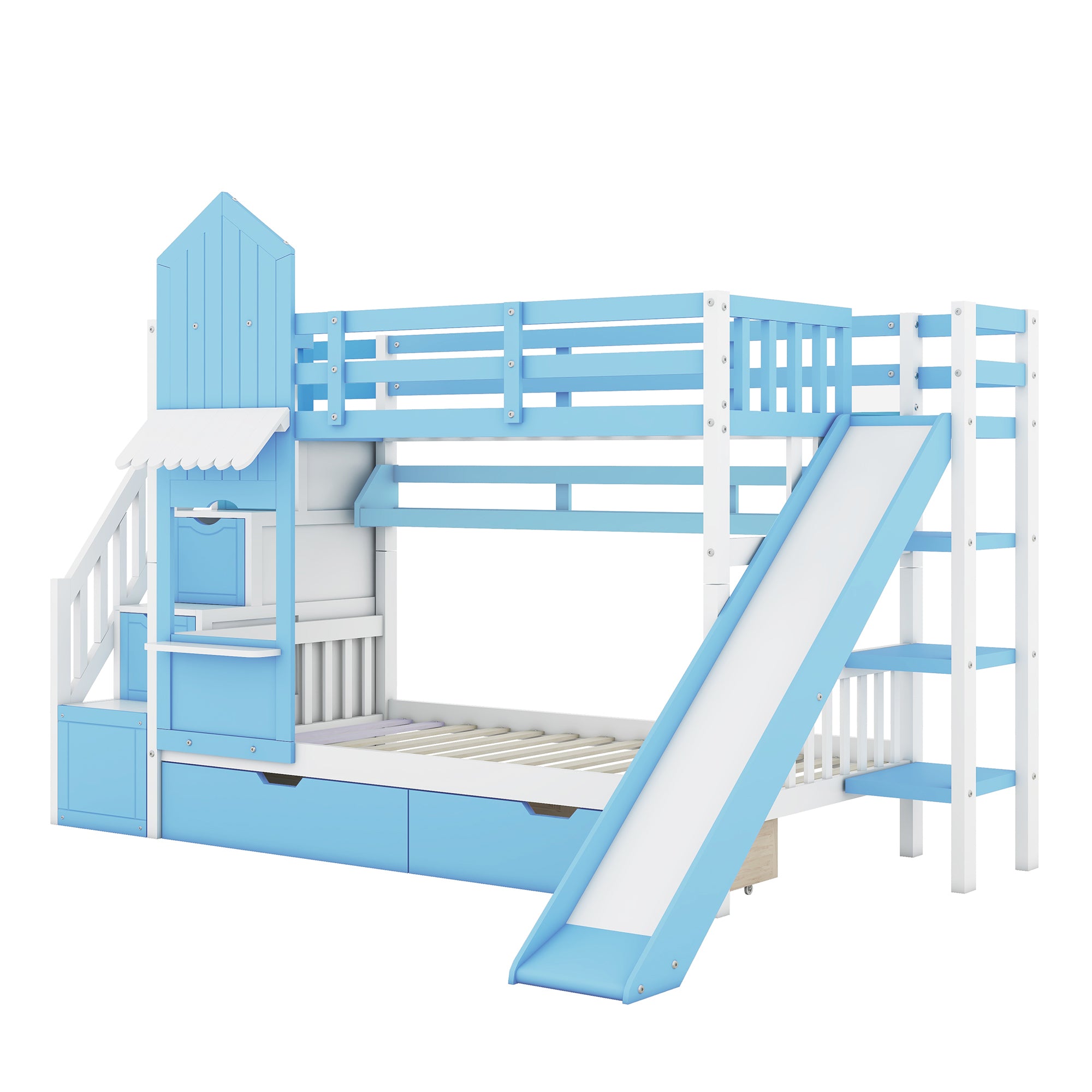 Twin-Over-Twin Castle Style Bunk Bed with 2 Drawers 3 Shelves and Slide - Blue - Atlantic Fine Furniture Melbourne FL