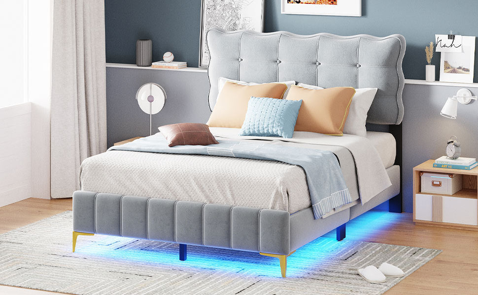 Full Size Velvet Platform Bed with LED Frame and Stylish Mental Bed Legs, Gray - Atlantic Fine Furniture Melbourne FL