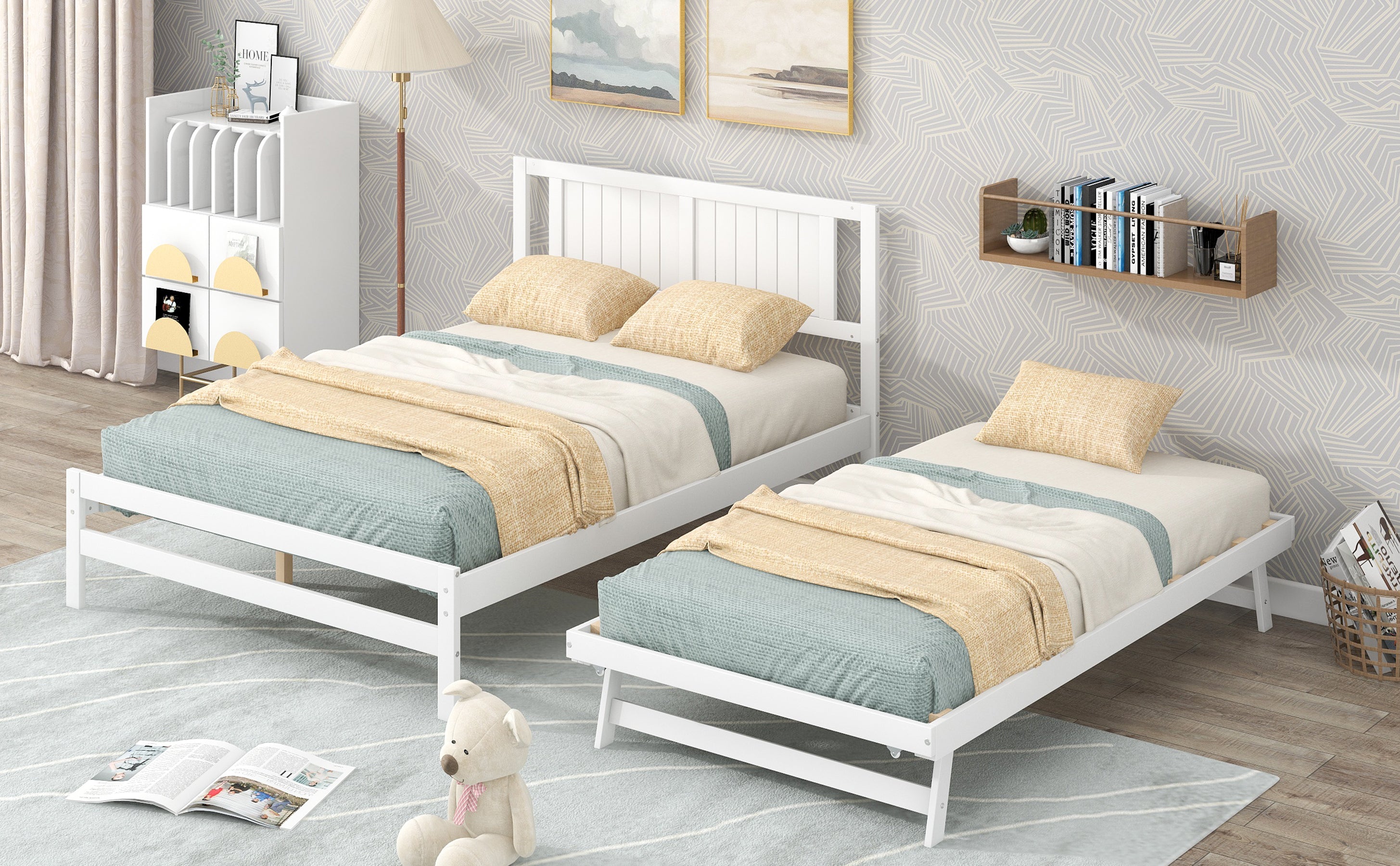 Full Size Platform Bed with Adjustable Trundle,White(Old SKU:SM000248AAK)