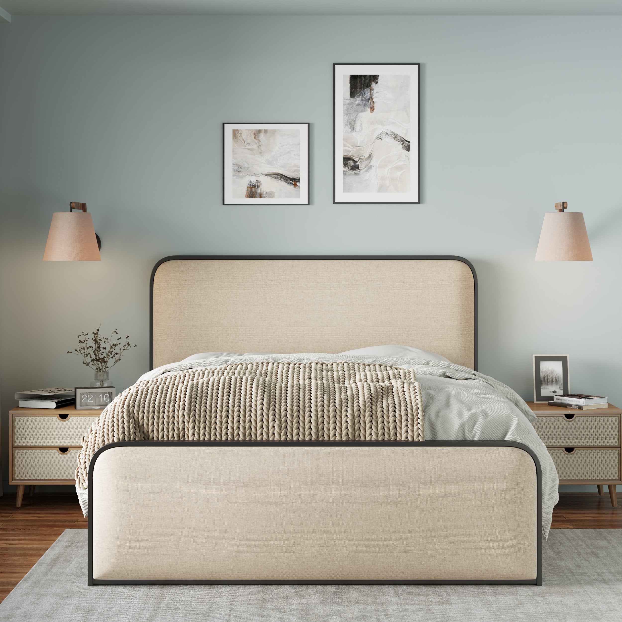 Modern Metal Bed Frame with Curved Upholstered Headboard and Footboard Bed with Under Bed Storage, Heavy Duty Metal Slats, Full Size, Beige - Atlantic Fine Furniture Melbourne FL