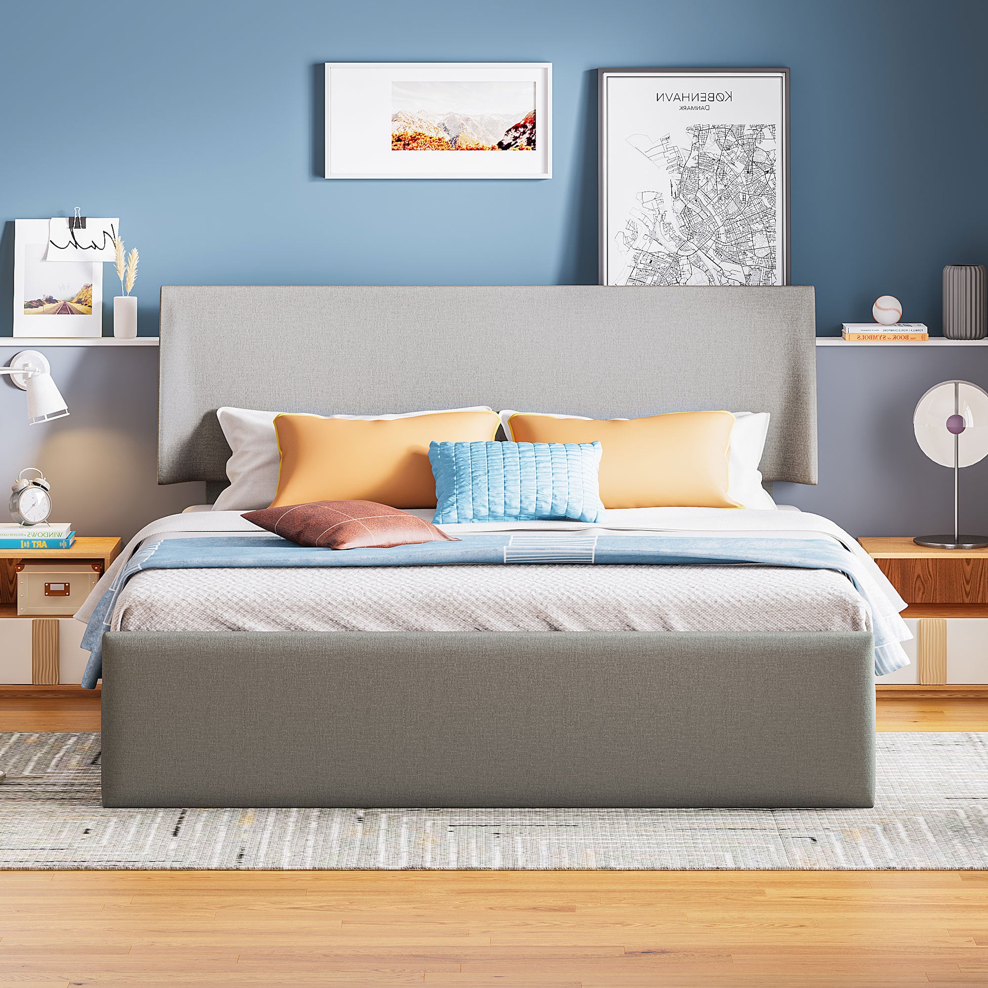 Queen Size Sleigh Bed with Side-Tilt Hydraulic Storage System, Linen Upholstery, Gray - Atlantic Fine Furniture Melbourne FL