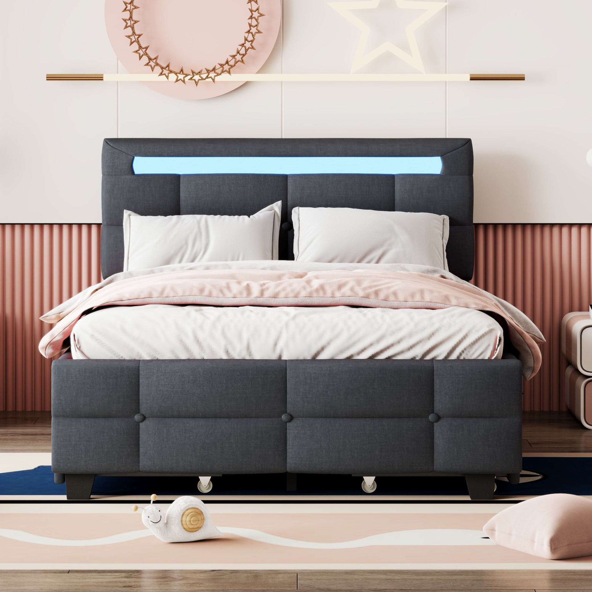 Full Size Upholstered Platform Bed with LED Frame and 4 Drawers, Linen Fabric, Gray - Atlantic Fine Furniture Melbourne FL