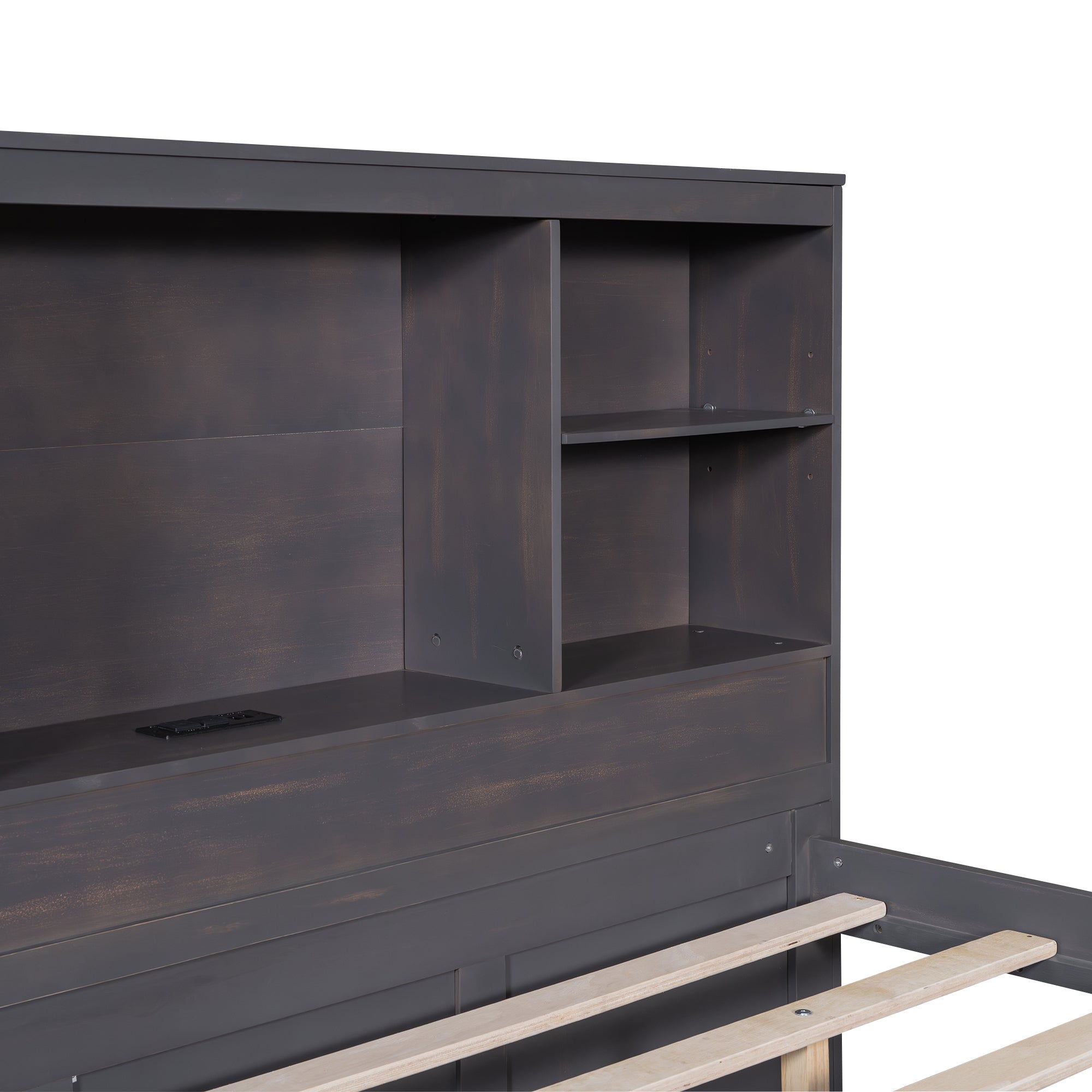 Full Size Platform Bed with Storage Headboard, Charging Station, Twin Size Trundle and 3 Drawers, Antique Brown