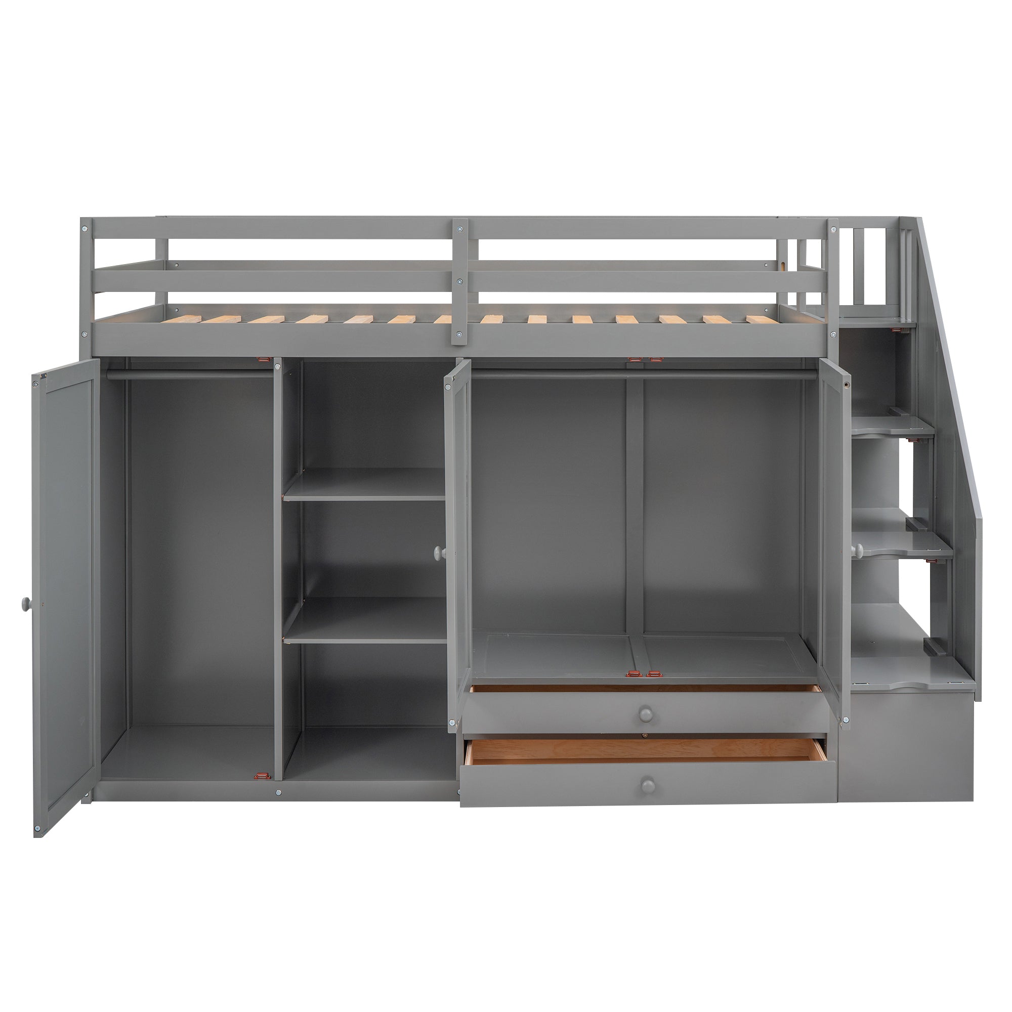 Functional Loft Bed with 3 Shelves, 2 Wardrobes and 2 Drawers, Ladder with Storage, No Box Spring Needed, Gray - Atlantic Fine Furniture Melbourne FL