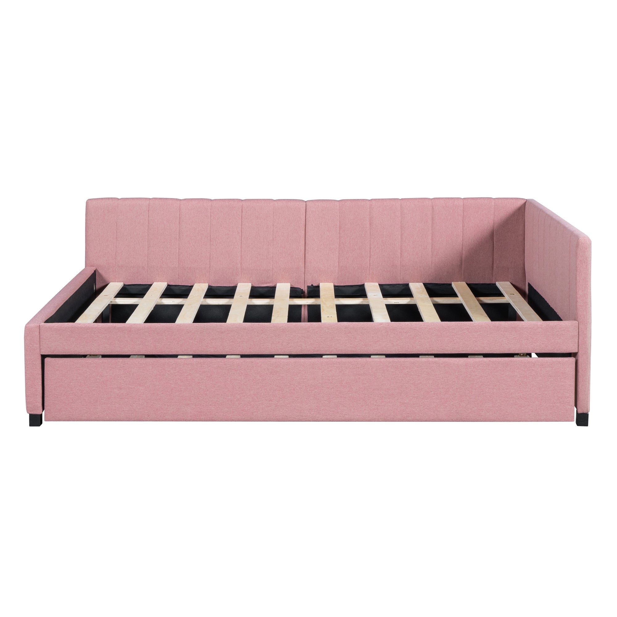 Full Size Upholstered Daybed with Trundle Sofa Bed Frame No Box Spring Needed, Linen Fabric(Pink) - Atlantic Fine Furniture Melbourne FL