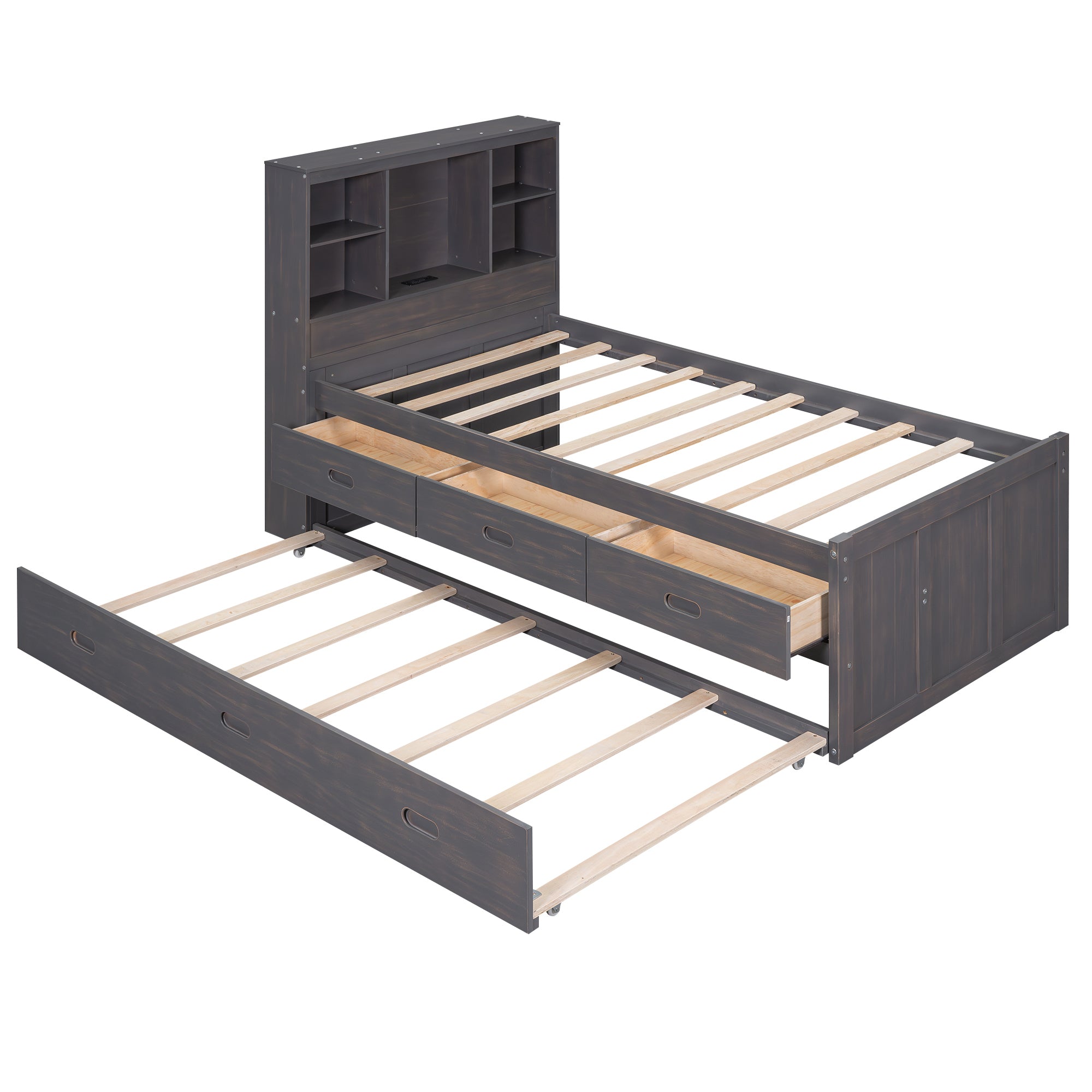 Twin Size Platform Bed with Storage Headboard, Charging Station, Twin Size Trundle and 3 Drawers, Antique Brown - Atlantic Fine Furniture Melbourne FL