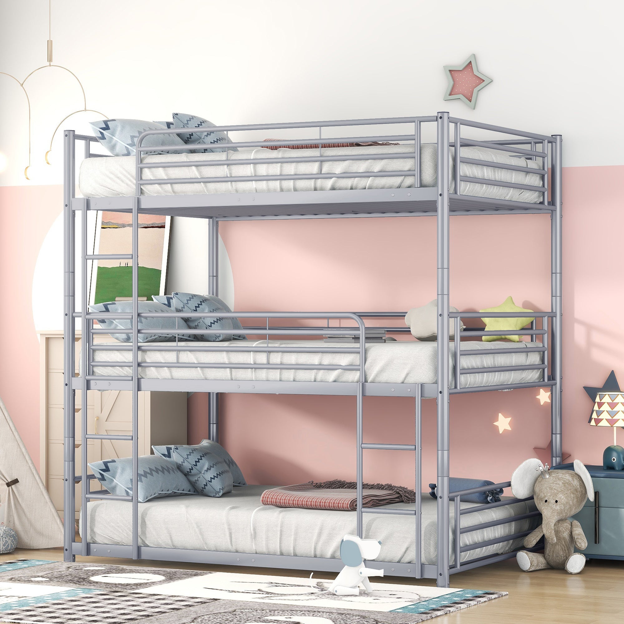 Full-Full-Full Metal Triple Bed with Built-in Ladder, Divided into Three Separate Beds,Gray(OLD SKU:LP000297AAE) - Atlantic Fine Furniture Melbourne FL