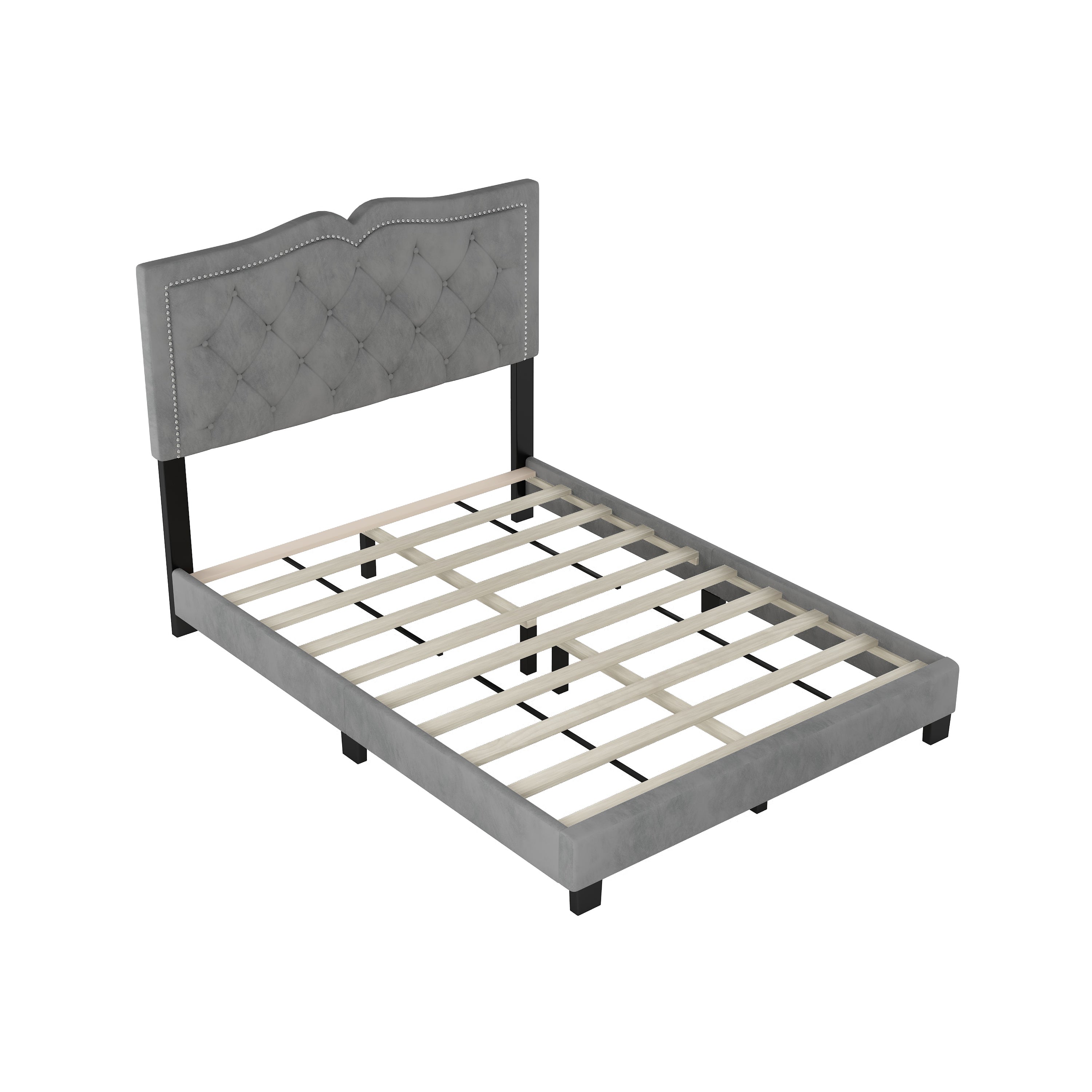 Full Size Upholstered Bed Frame with Rivet Design, Modern Velvet Platform Bed with Tufted Headboard,Gray - Atlantic Fine Furniture Melbourne FL