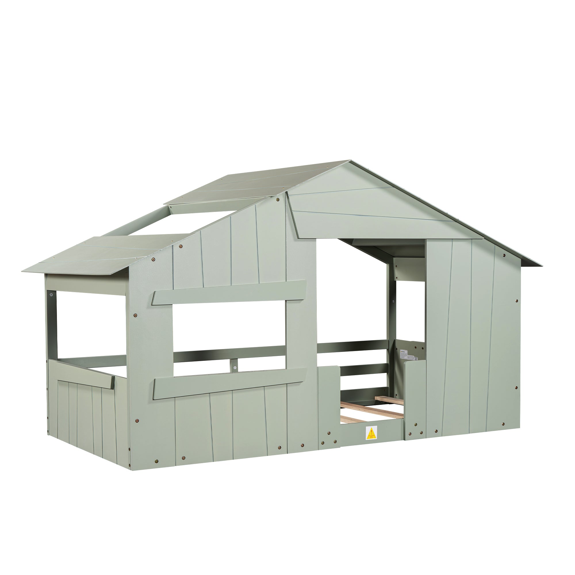 Wood Twin Size House Bed with Roof, Window and Guardrail, Light Green - Atlantic Fine Furniture Melbourne FL