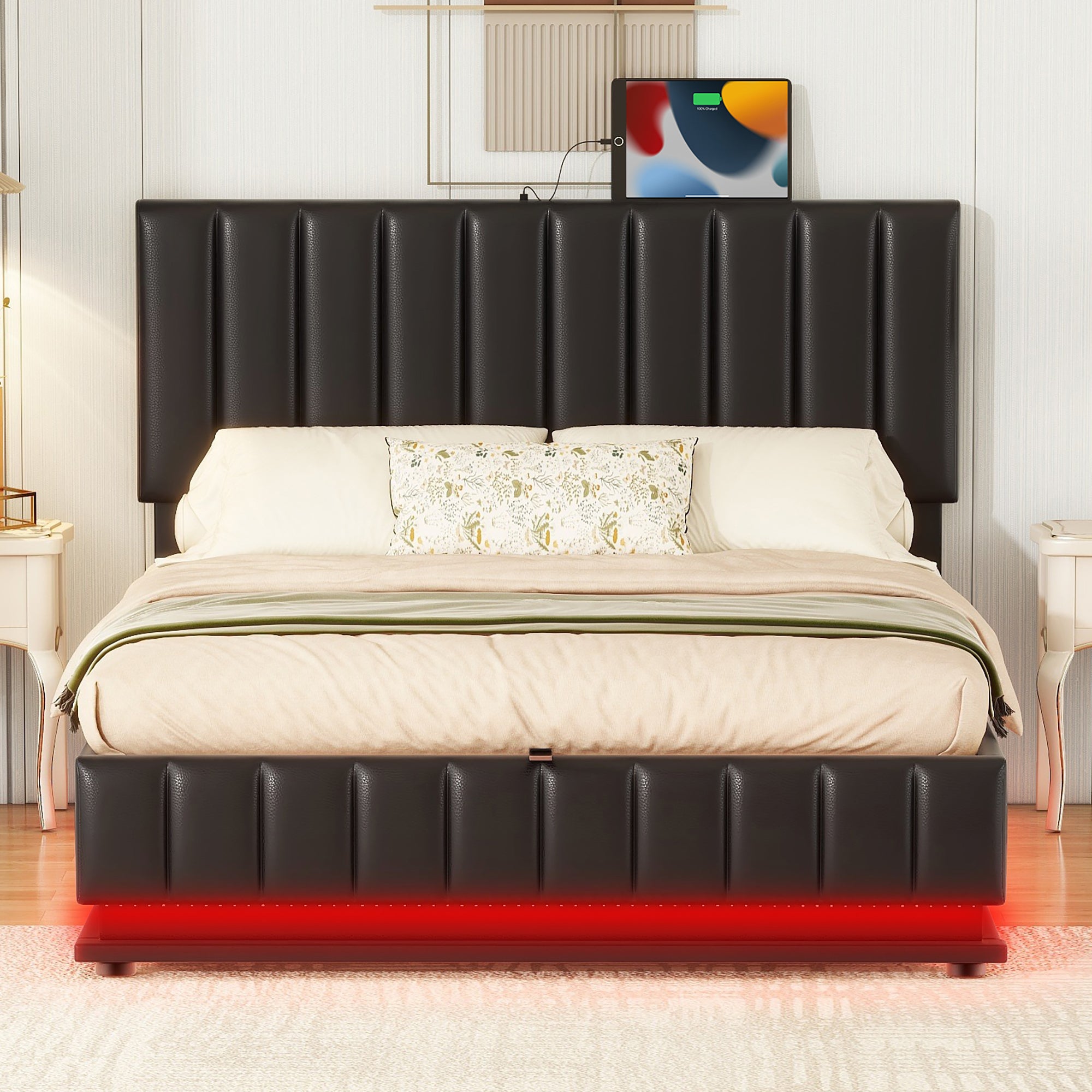 Full Size Upholstered Bed with Hydraulic Storage System and LED Light, Modern Platform Bed with Sockets and USB Ports, Black - Atlantic Fine Furniture Melbourne FL