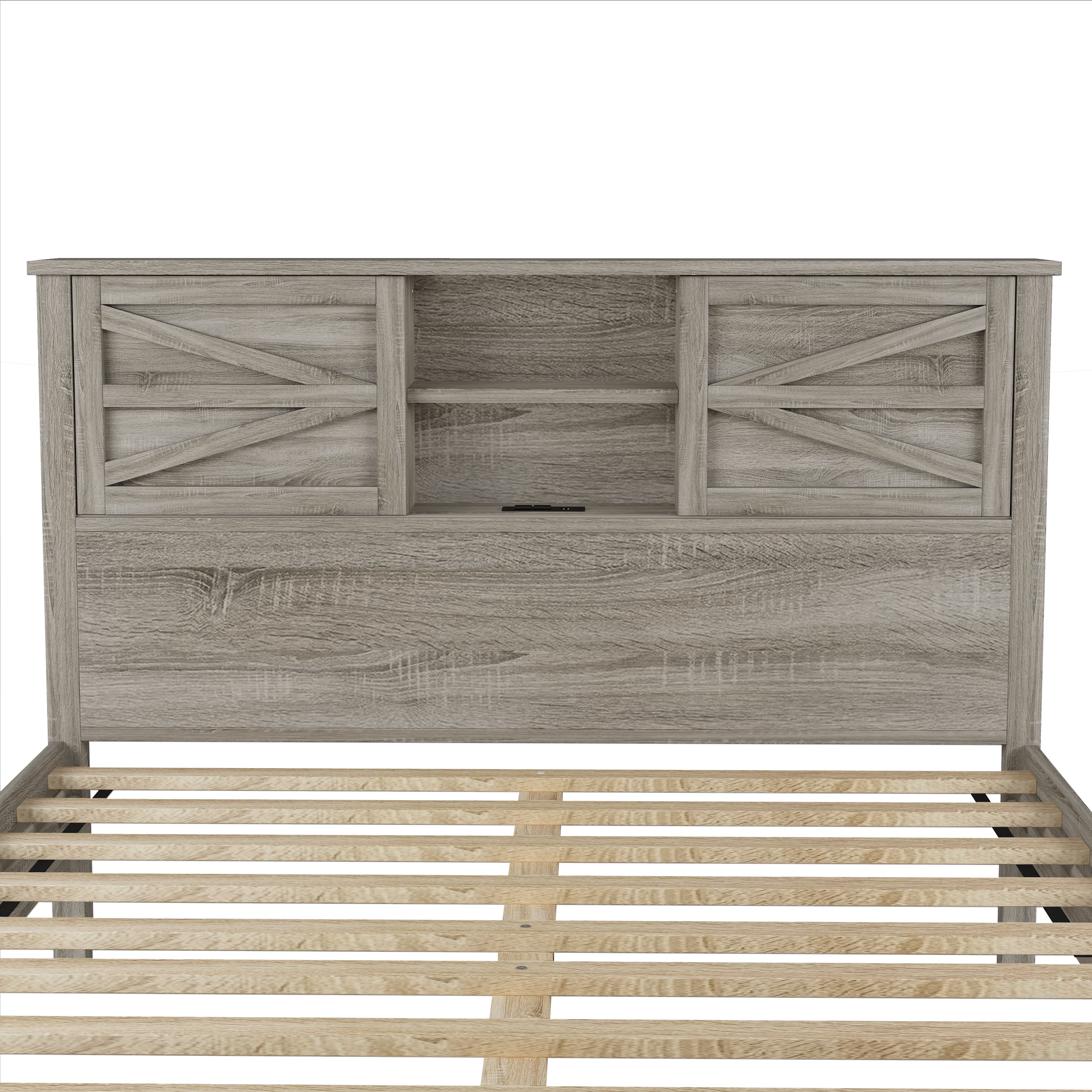 Farmhouse Platform Bed with Double Sliding Barn Door, Full Size Rustic Wood Bed with
Charging Station, Wood Slats Support, Antique Gray - Atlantic Fine Furniture Melbourne FL
