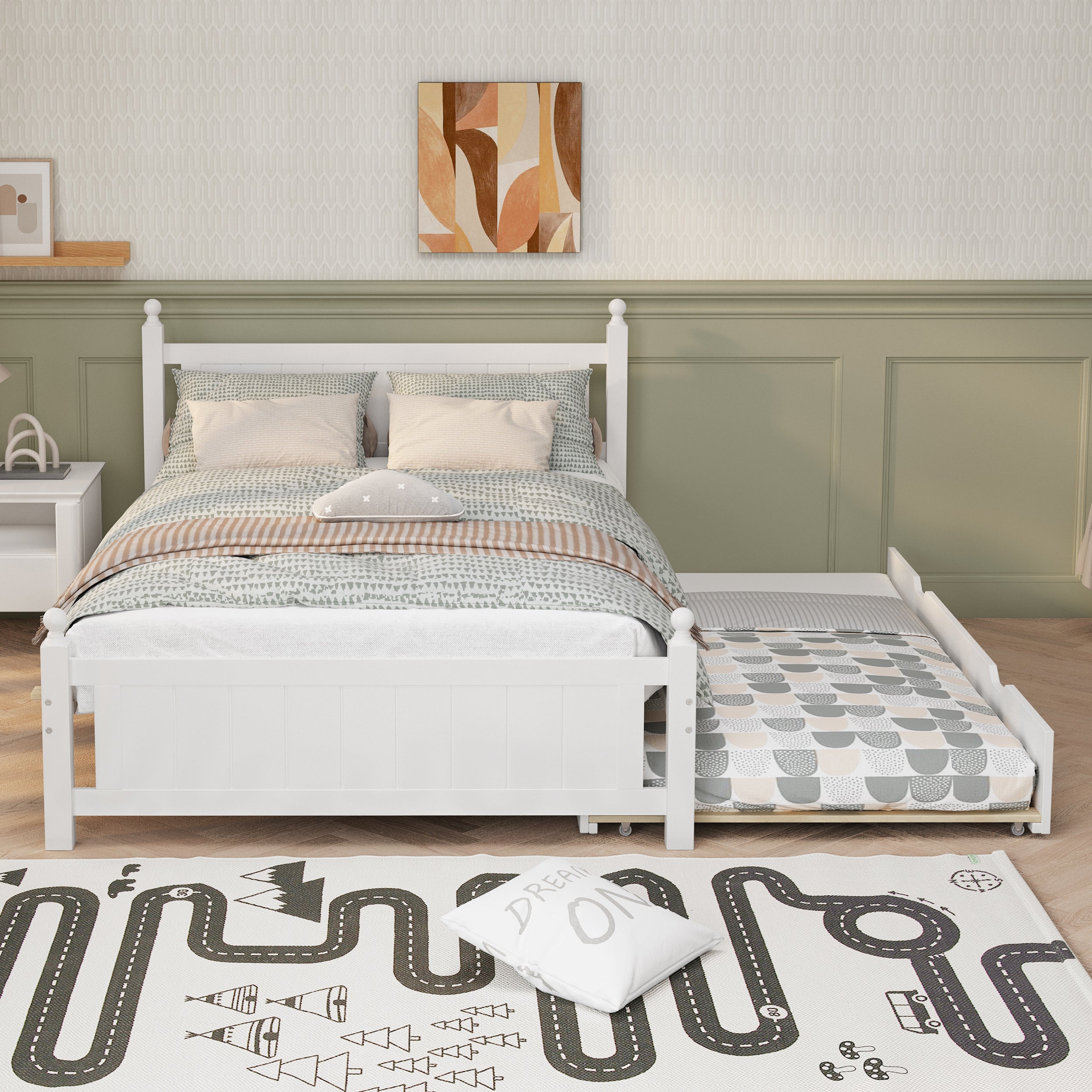 Full Size Solid Wood Platform Bed Frame with trundle for Limited Kids, Teens, Adults, No Need Box Spring, White - Atlantic Fine Furniture Melbourne FL