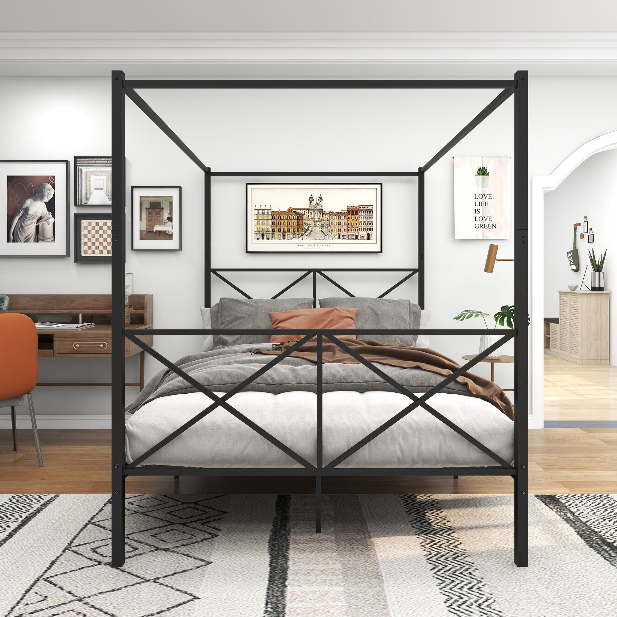 Metal Canopy Bed Frame, Platform Bed Frame Queen with X Shaped Frame Queen Black(same as W84034643) - Atlantic Fine Furniture Melbourne FL
