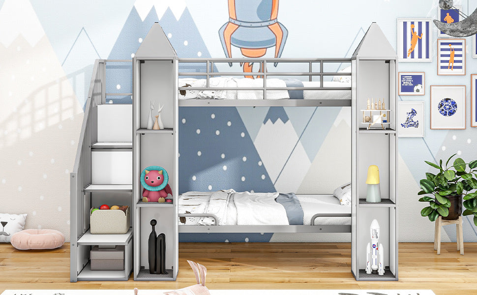 Metal Twin over Twin Castle-shaped Bunk Bed with Wardrobe and Multiple Storage, Gray+White - Atlantic Fine Furniture Melbourne FL