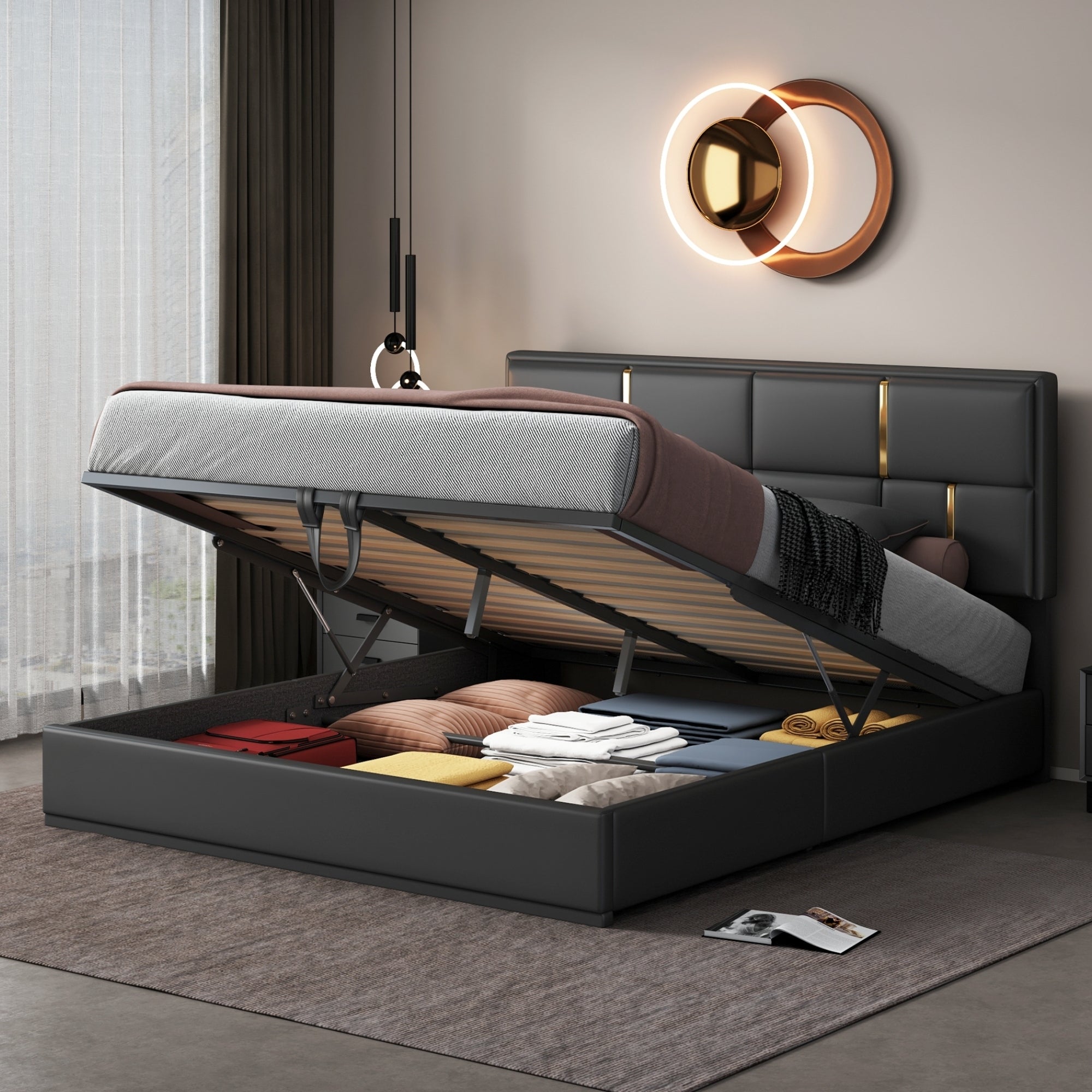 Queen Size Upholstered Platform Bed with Hydraulic Storage System,No Box Spring Needed,Black - Atlantic Fine Furniture Melbourne FL