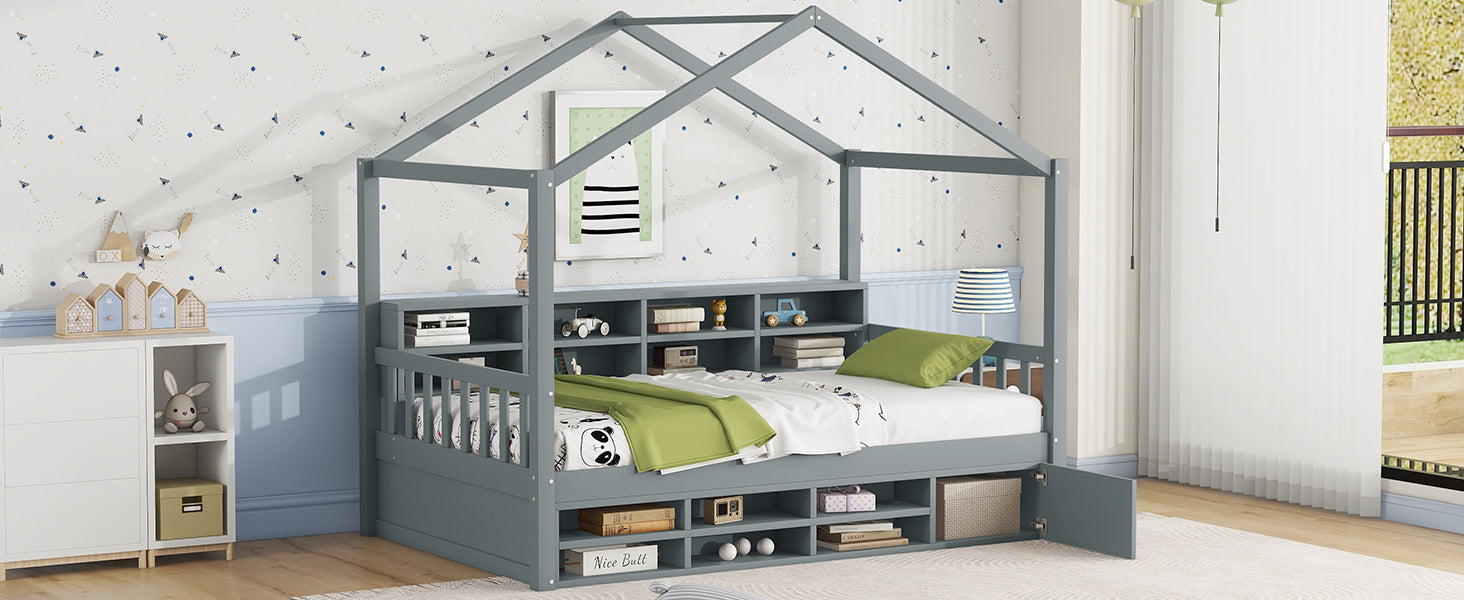 Twin Size Wooden House Bed with Shelves and a Mini-cabinet, Gray - Atlantic Fine Furniture Melbourne FL
