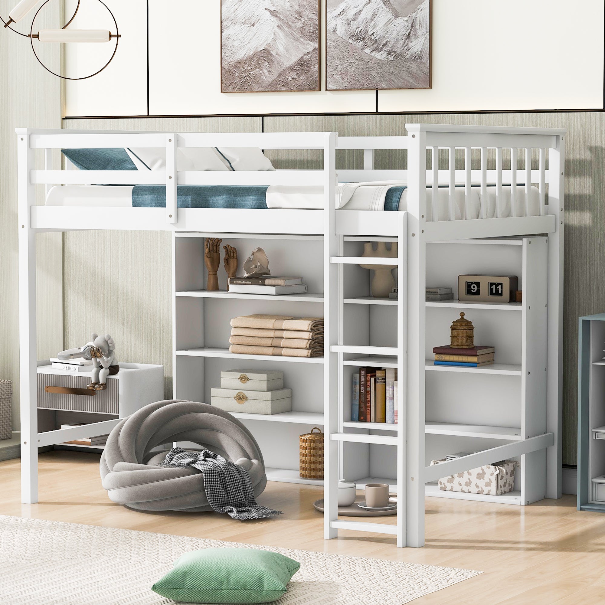 Twin Size Loft Bed with 8 Open Storage Shelves and Built-in Ladder, White - Atlantic Fine Furniture Melbourne FL