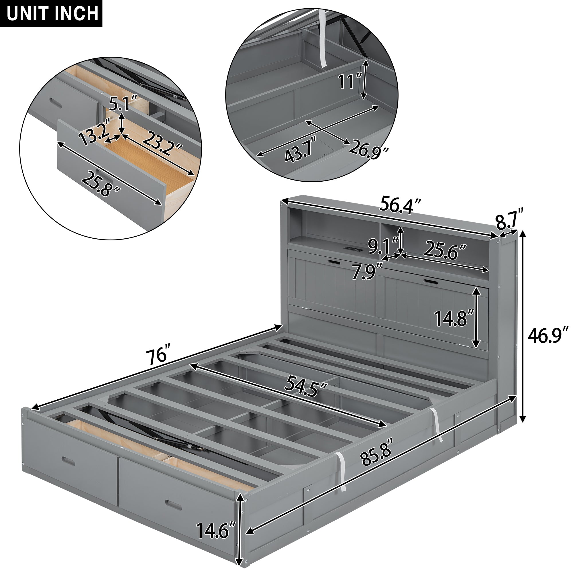 Wood Full Size Hydraulic Platform Bed with Storage LED Headboard, Charging Station and 2 Drawers, Gray - Atlantic Fine Furniture Melbourne FL