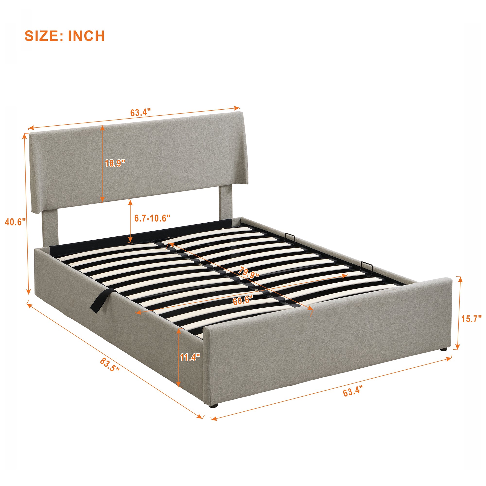 Queen Size Sleigh Bed with Side-Tilt Hydraulic Storage System, Linen Upholstery, Gray - Atlantic Fine Furniture Melbourne FL