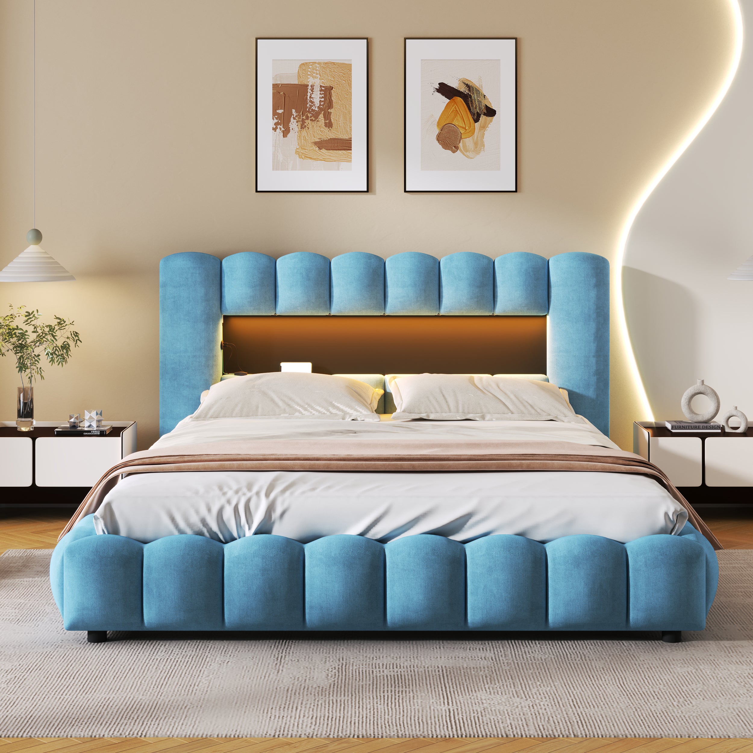 Queen Size Upholstered Platform Bed with LED Headboard and USB, Blue - Atlantic Fine Furniture Melbourne FL