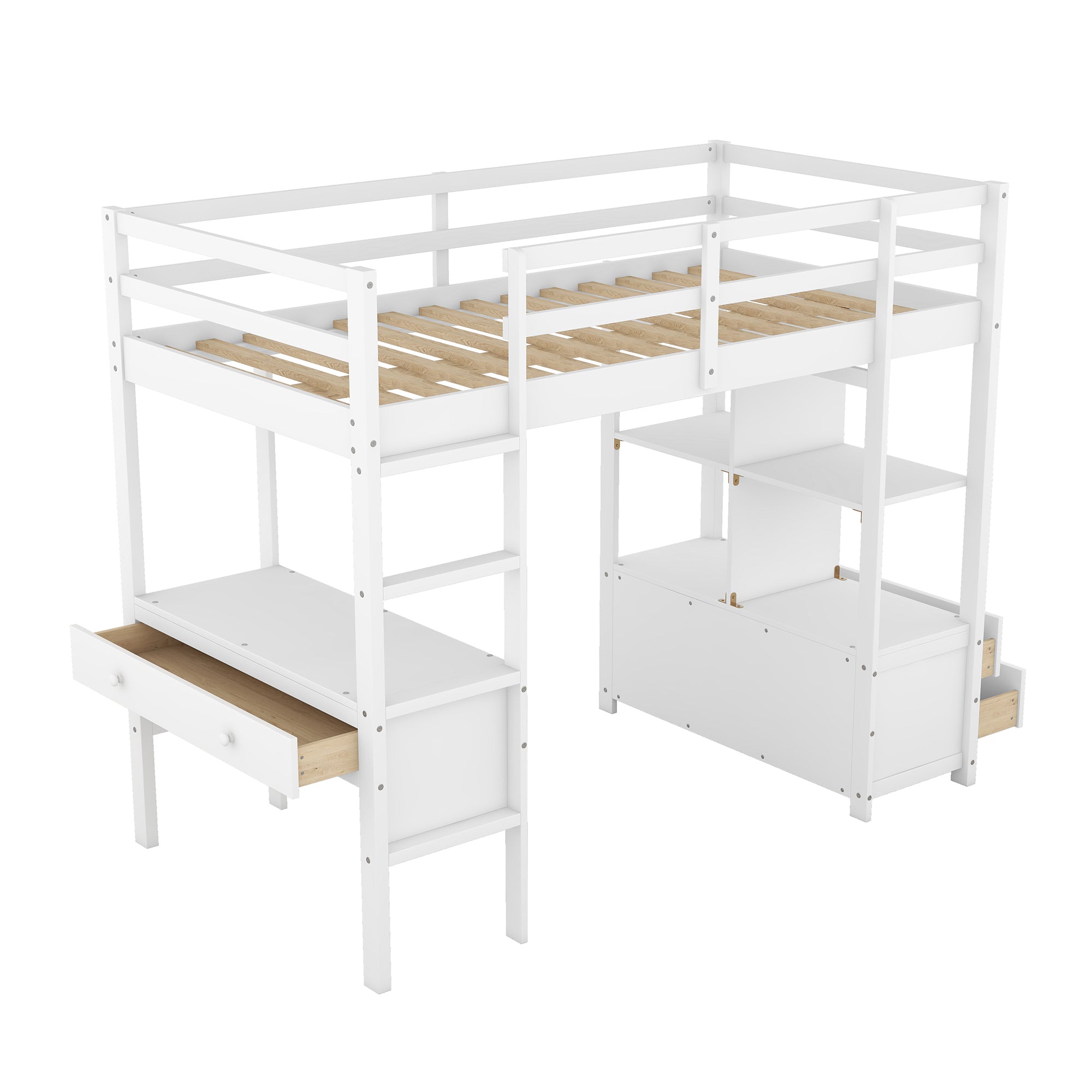 Twin Size Loft Bed with Built-in Desk with Two Drawers, and Storage Shelves and Drawers,White - Atlantic Fine Furniture Melbourne FL