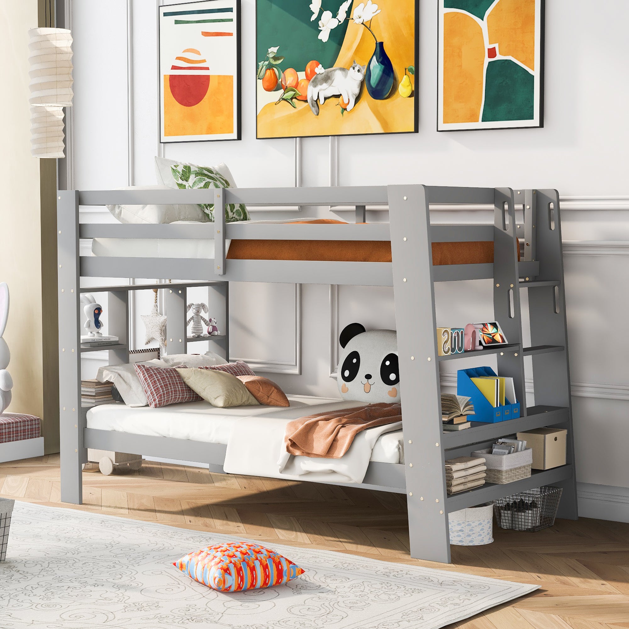 Twin over Twin Bunk Bed with Shelves and Built-in Ladder, Gray - Atlantic Fine Furniture Melbourne FL