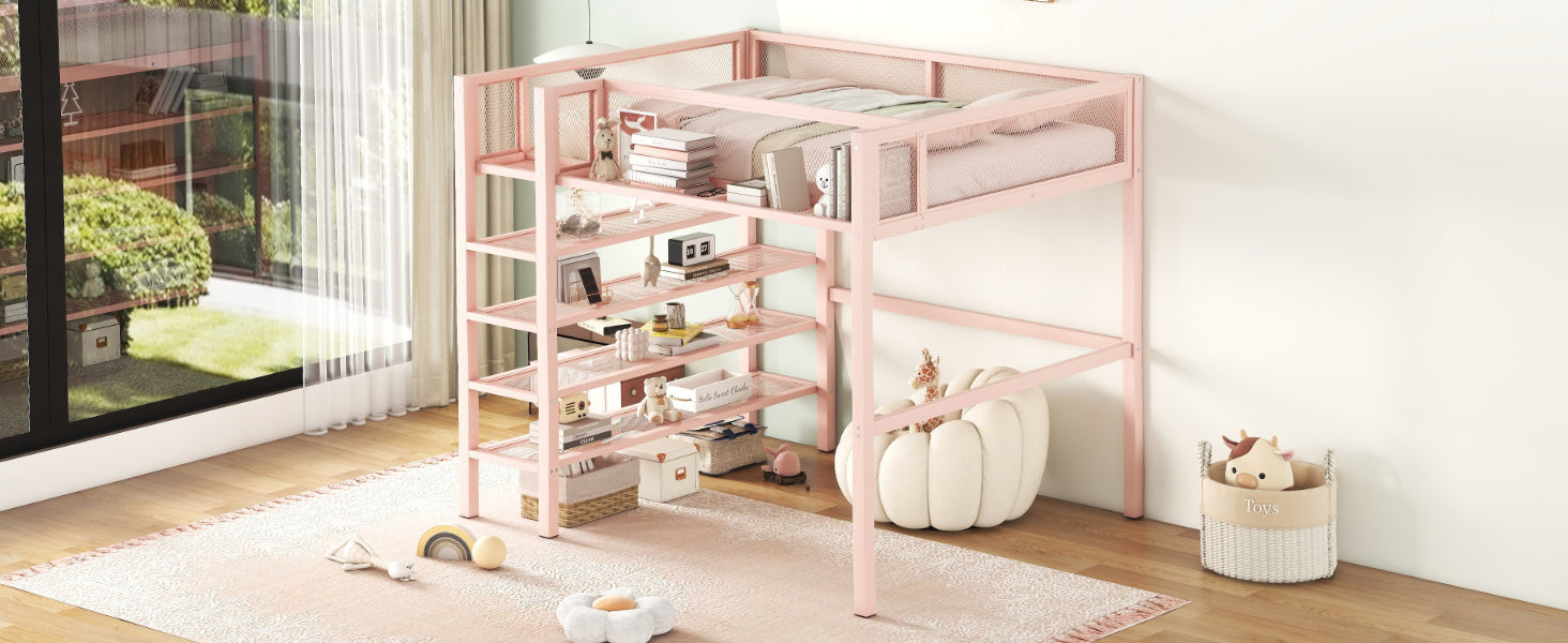 Full Size Metal Loft Bed with 4-Tier Shelves and Storage, Pink - Atlantic Fine Furniture Melbourne FL
