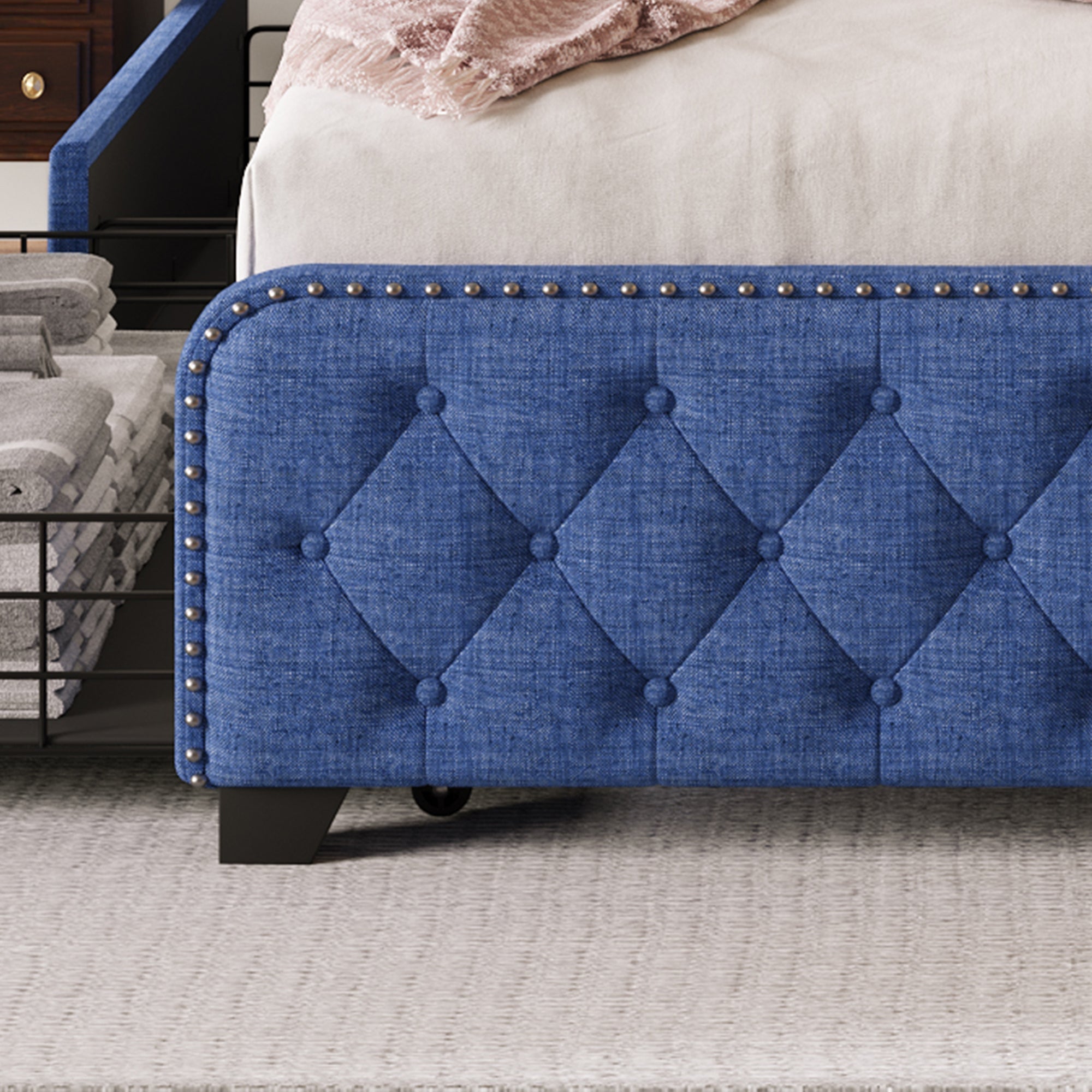 Upholstered Platform Bed Frame with Four Drawers, Button Tufted Headboard and Footboard Sturdy Metal Support, No Box Spring Required, Blue, King (Old sku: BS300277AAC) - Atlantic Fine Furniture Melbourne FL