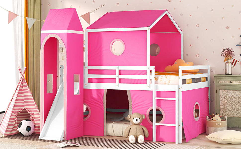 Full Size Bunk Bed with Slide Pink Tent and Tower - Pink