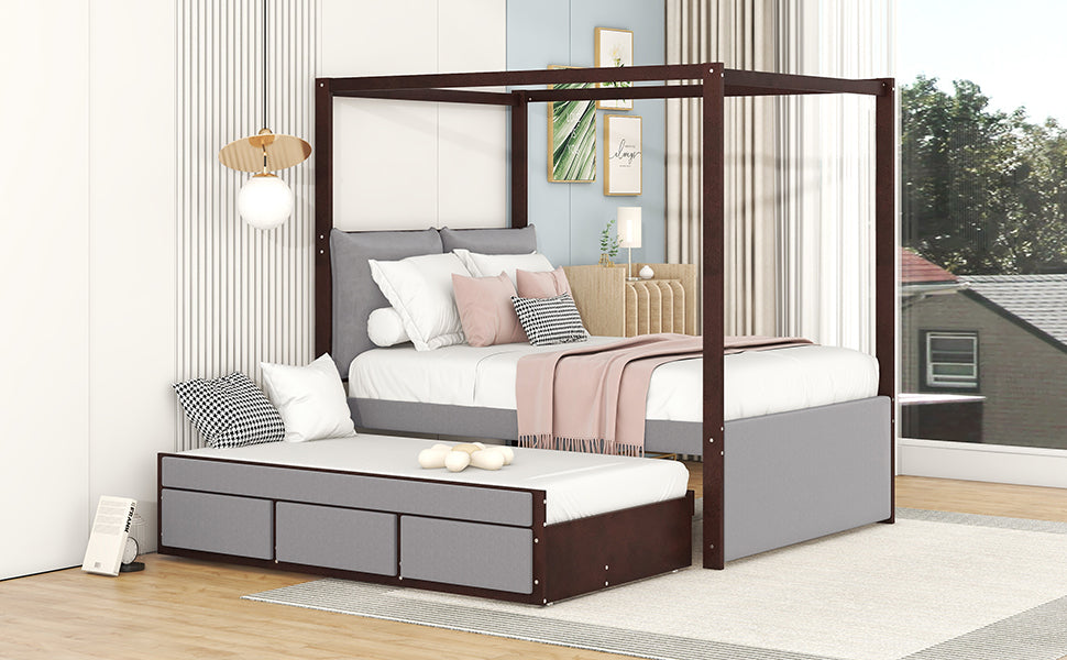 Full Size Upholstered Canopy Bed with Trundle and 3 Drawers, Gray - Atlantic Fine Furniture Melbourne FL