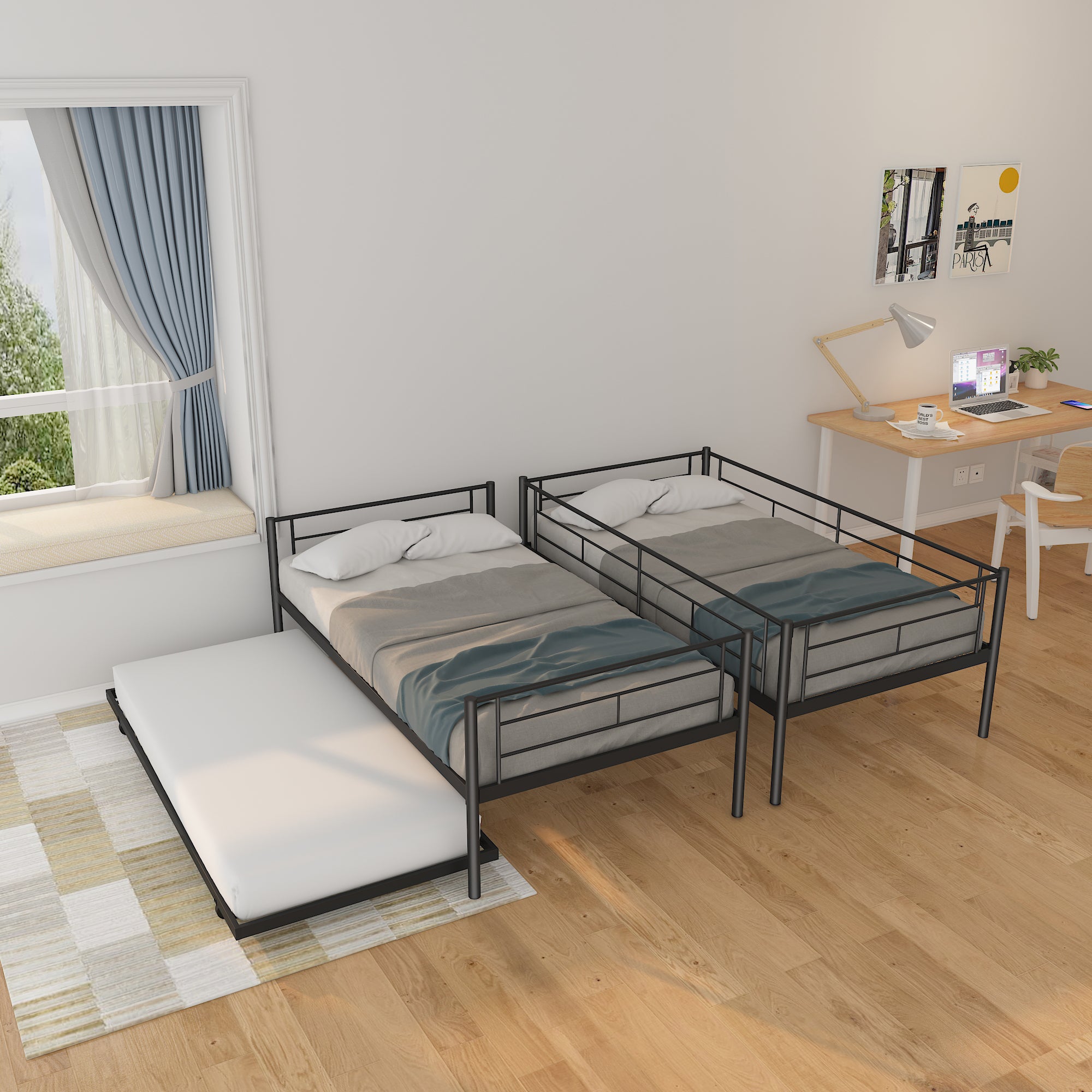 Twin Over Twin Metal Bunk Bed Frame with Trundle(Upgrade reinforcement version) - Atlantic Fine Furniture Melbourne FL