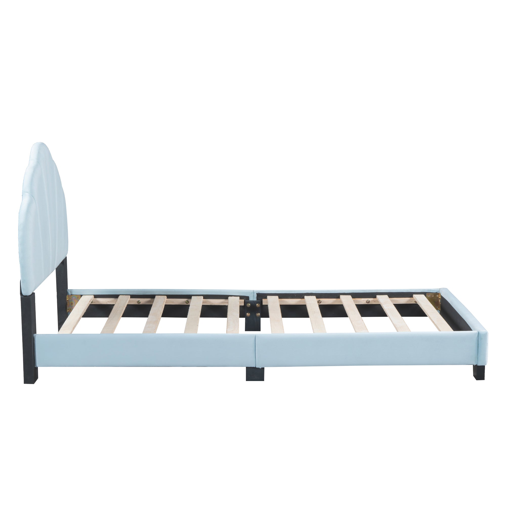 Twin Size Upholstered Velvet Platform Bed with Shell-Shaped Headboard, Blue - Atlantic Fine Furniture Melbourne FL
