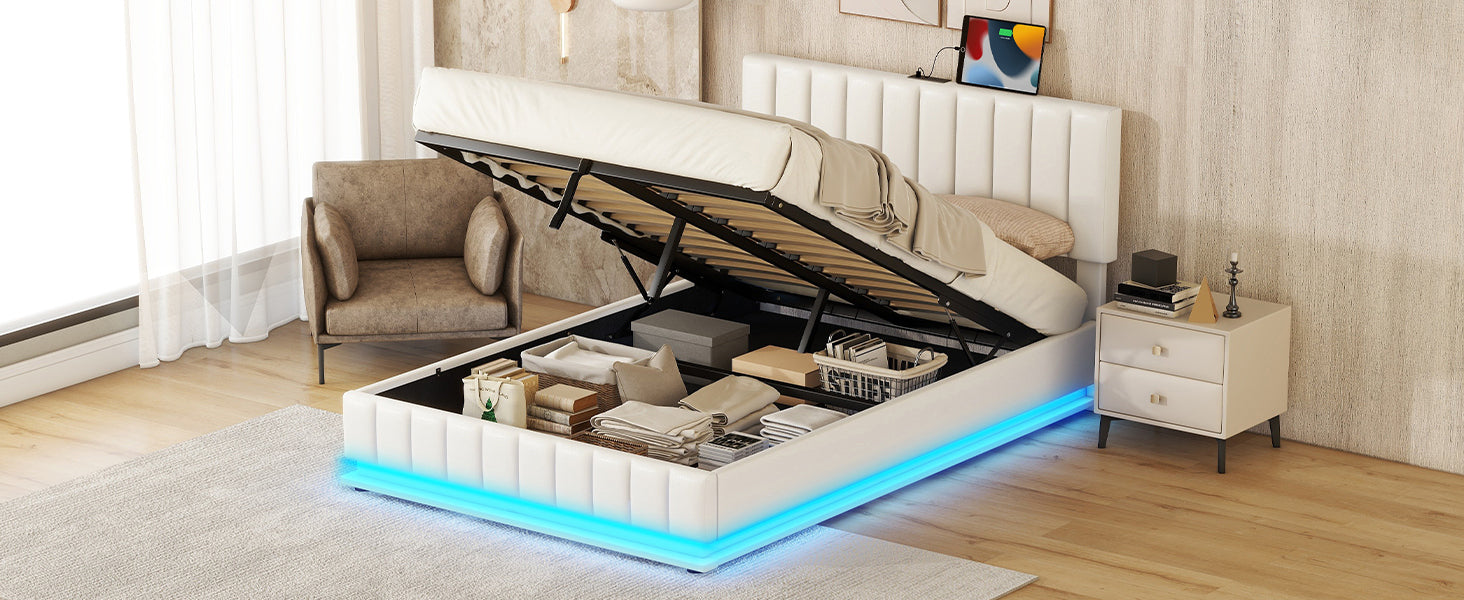 Full Size Upholstered Bed with Hydraulic Storage System and LED Light, Modern Platform Bed with Sockets and USB Ports, White - Atlantic Fine Furniture Melbourne FL