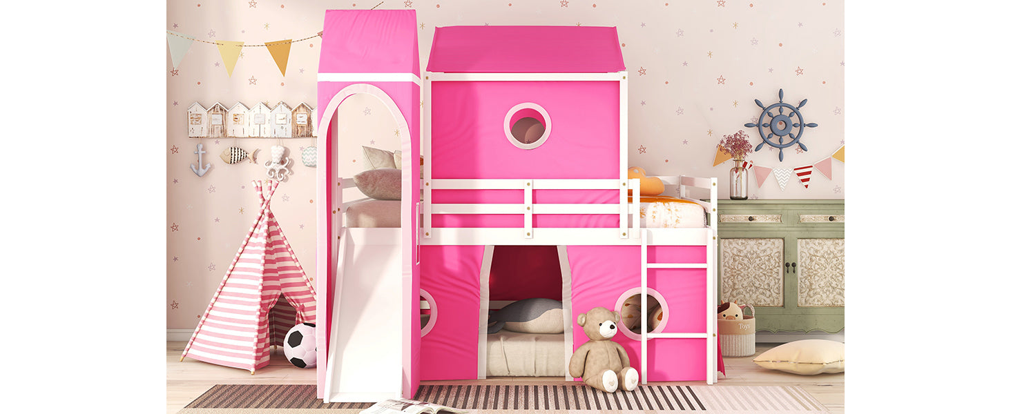 Full Size Bunk Bed with Slide Pink Tent and Tower - Pink