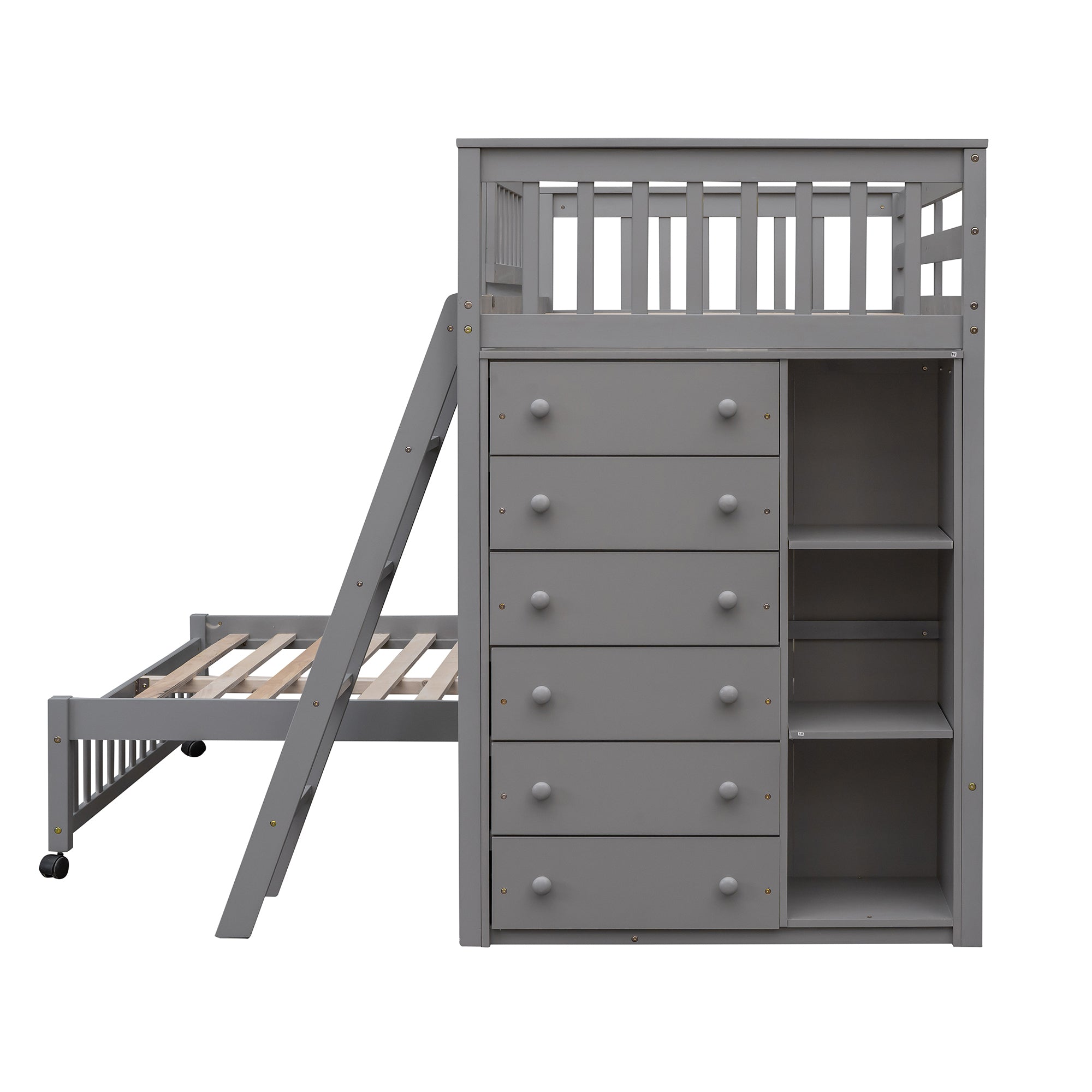 Wooden Twin Over Full Bunk Bed With Six Drawers And Flexible Shelves,Bottom Bed With Wheels,Gray(OLD SKU:LP000531AAE) - Atlantic Fine Furniture Melbourne FL