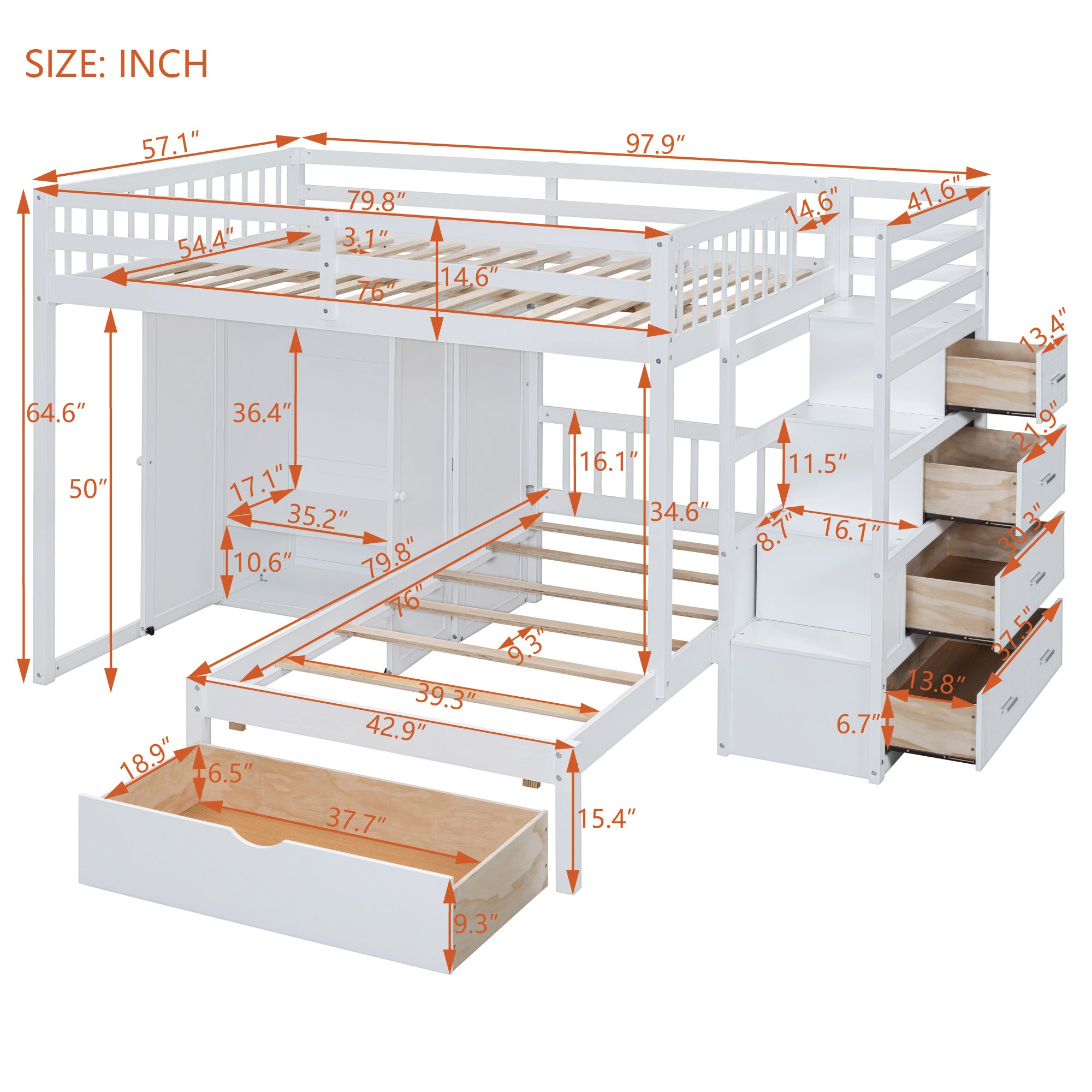 Full Over Twin Bunk Bed with Wardrobe, Drawers, White - Atlantic Fine Furniture Melbourne FL