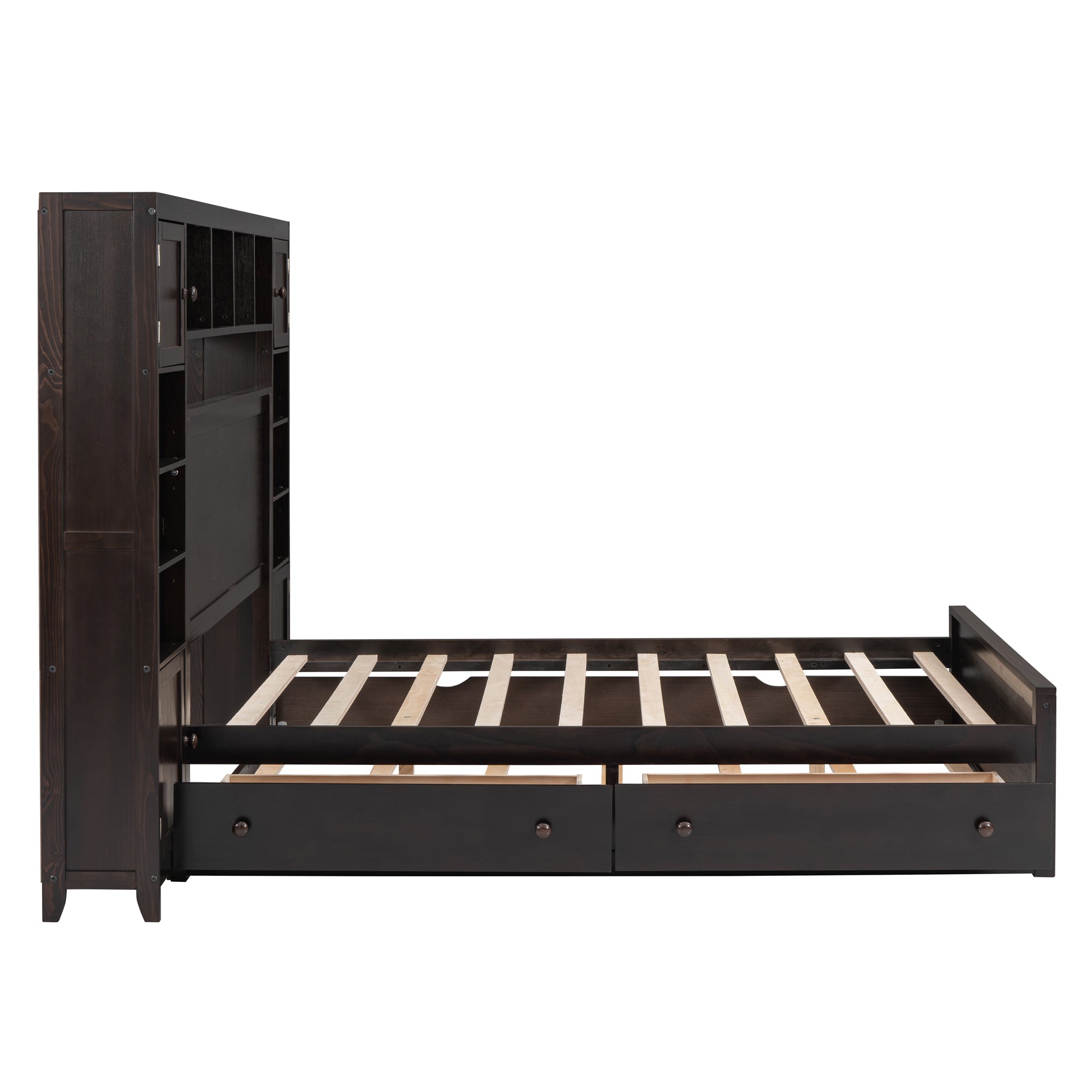 Full Size Wooden Bed With All-in-One Cabinet, Shelf and Sockets, Espresso - Atlantic Fine Furniture Melbourne FL