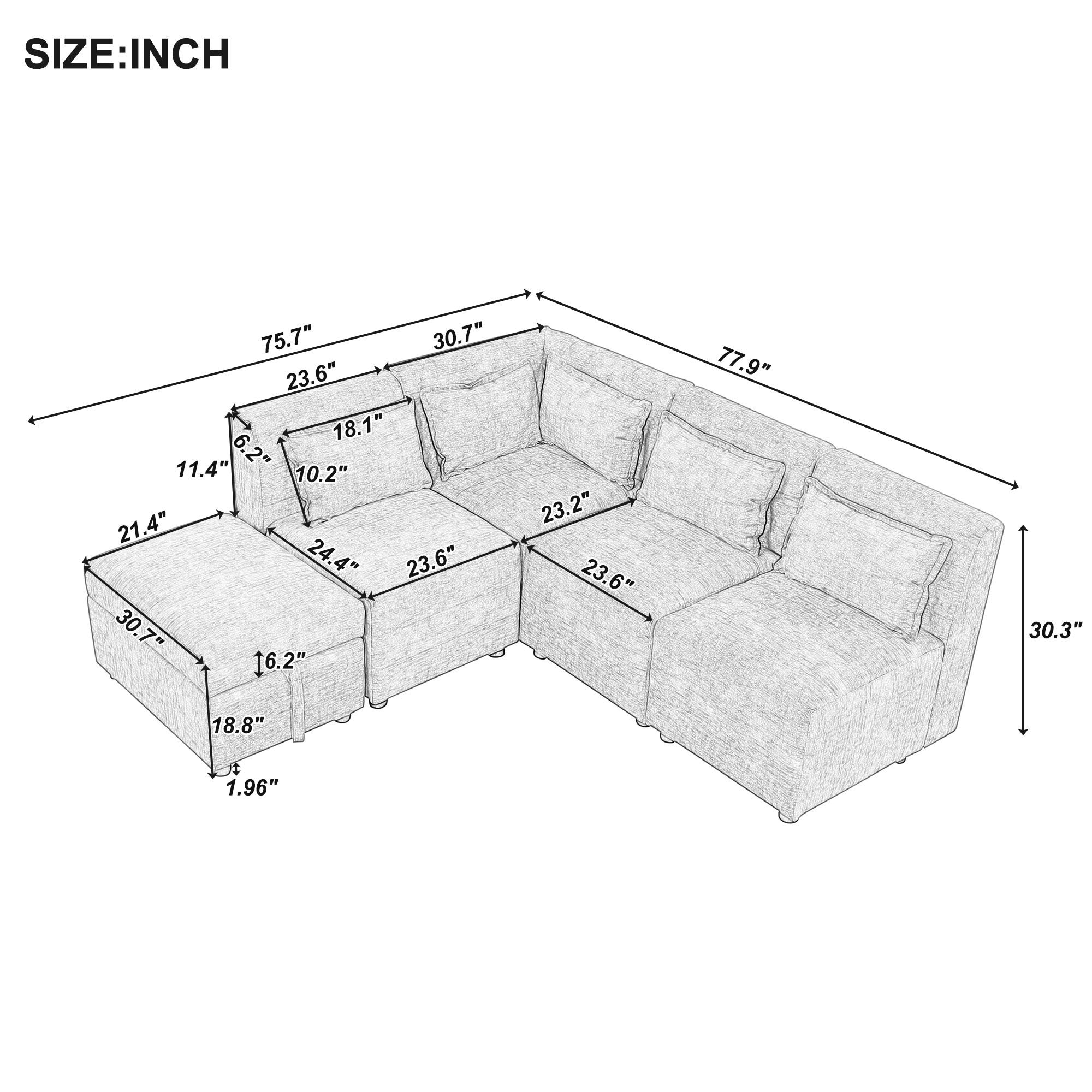 Free-Combined Sectional Sofa 5-seater Modular Couches with Storage Ottoman, 5 Pillows for Living Room, Bedroom, Office, Cream