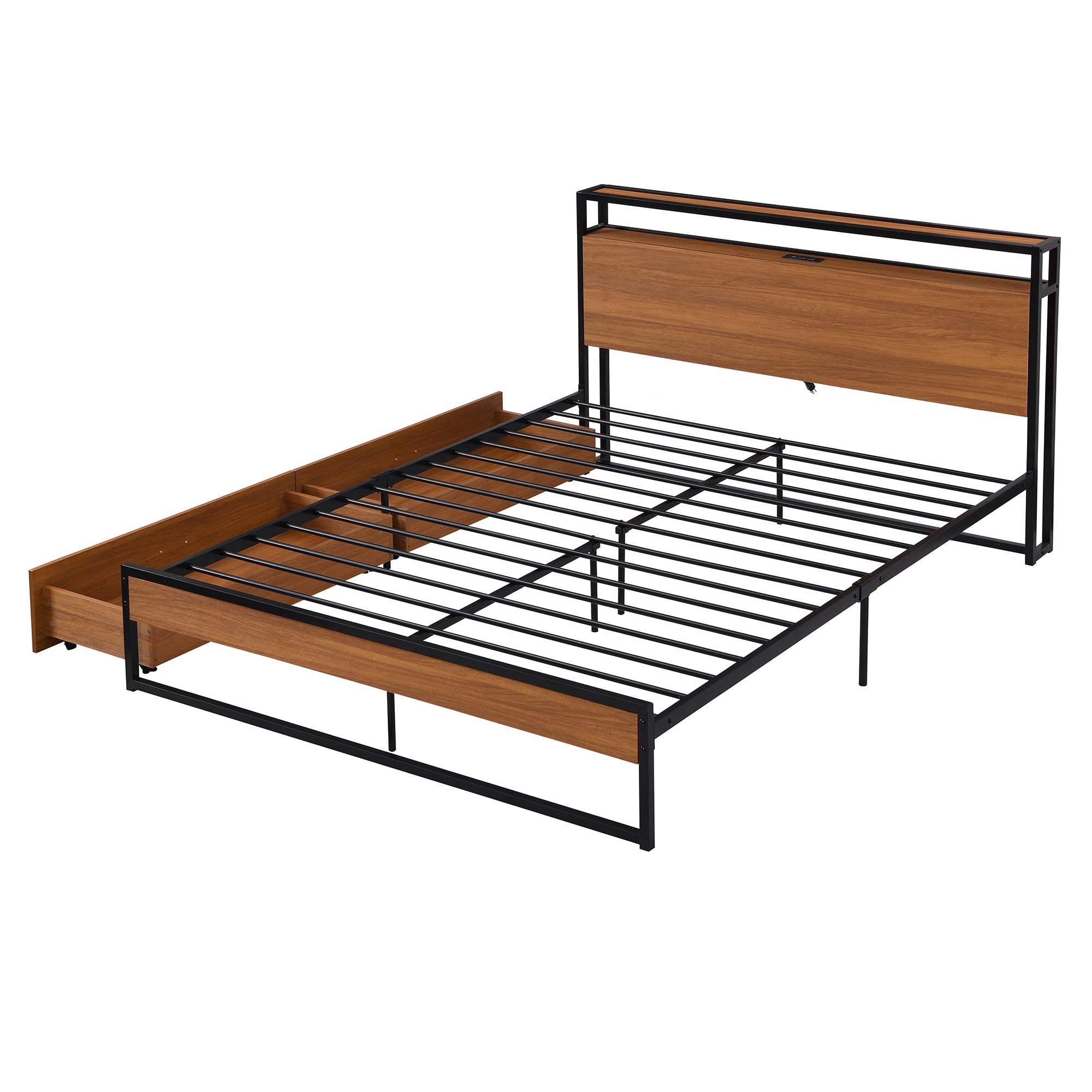 Queen Size Metal Platform Bed Frame with Two Drawers,Sockets and USB Ports ,Slat Support No Box Spring Needed Black - Atlantic Fine Furniture Melbourne FL