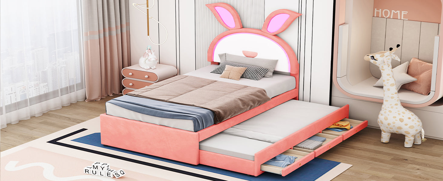 Twin Size Upholstered Platform Bed with Trundle and 3 Drawers, Rabbit-Shaped Headboard with Embedded LED Lights, Pink - Atlantic Fine Furniture Melbourne FL