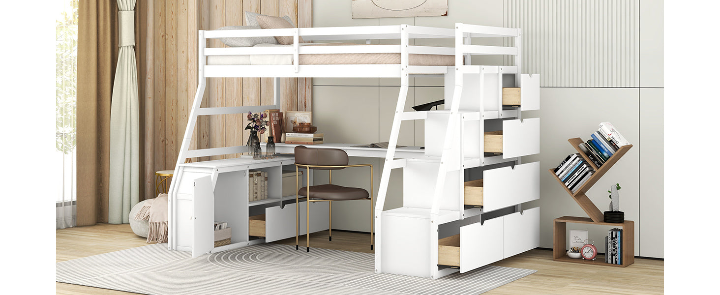 Twin Size Loft Bed with 7 Drawers 2 Shelves and Desk - White - Atlantic Fine Furniture Melbourne FL
