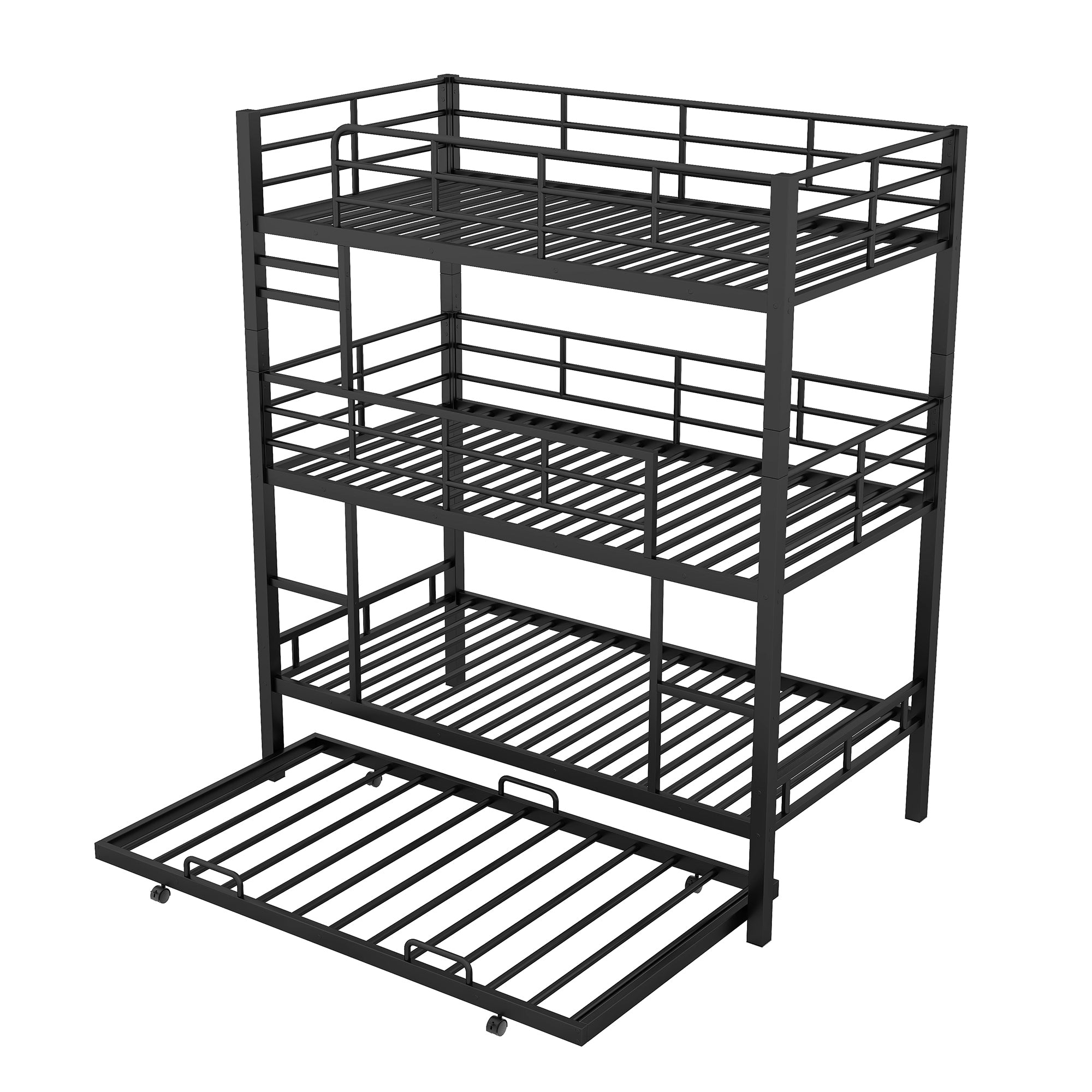 Metal Twin Size Triple Bunk Bed With Trundle, Black