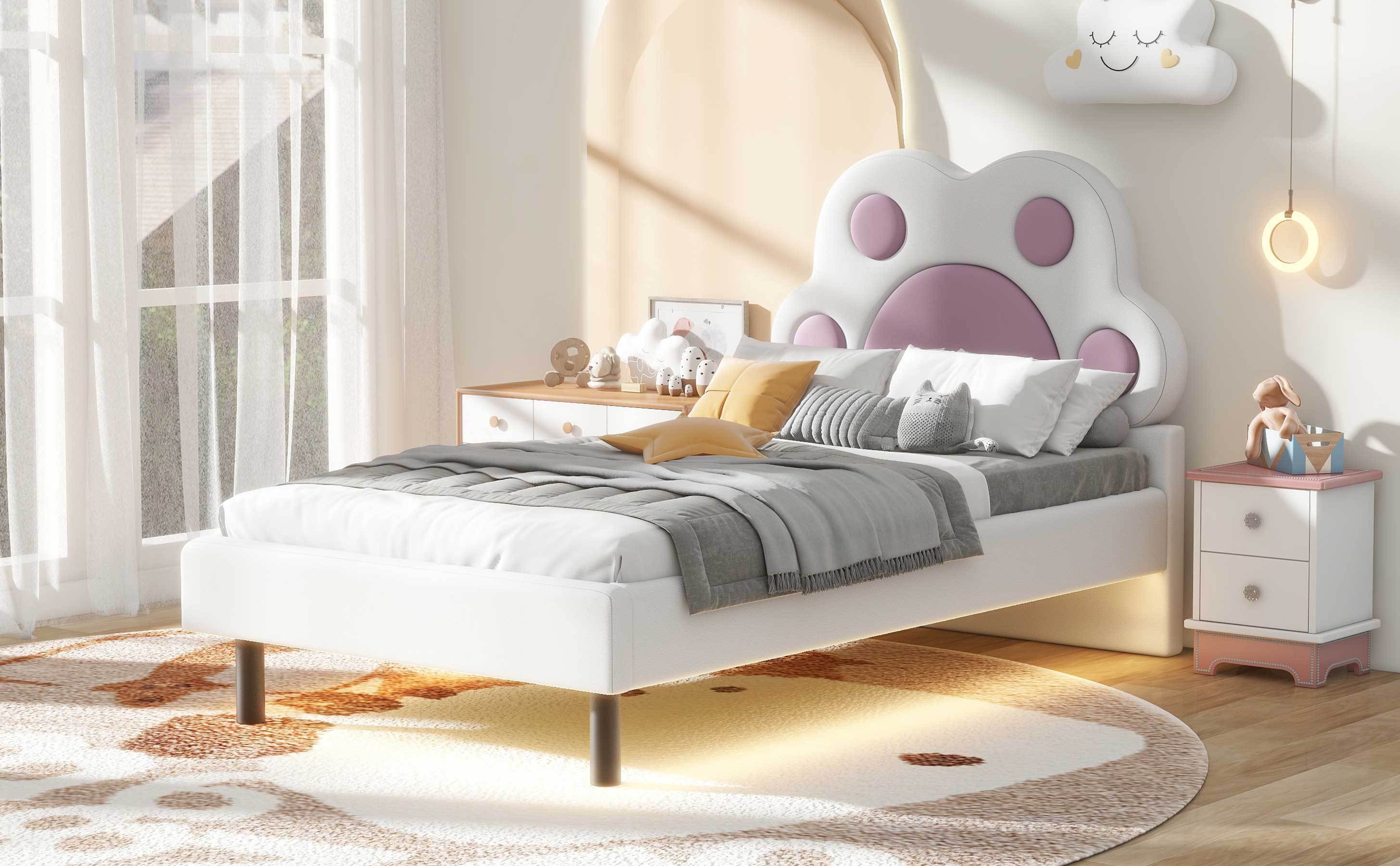 Twin Size Upholstered Platform Bed with Animal Paw Shaped Headboard and LED, Pink - Atlantic Fine Furniture Melbourne FL
