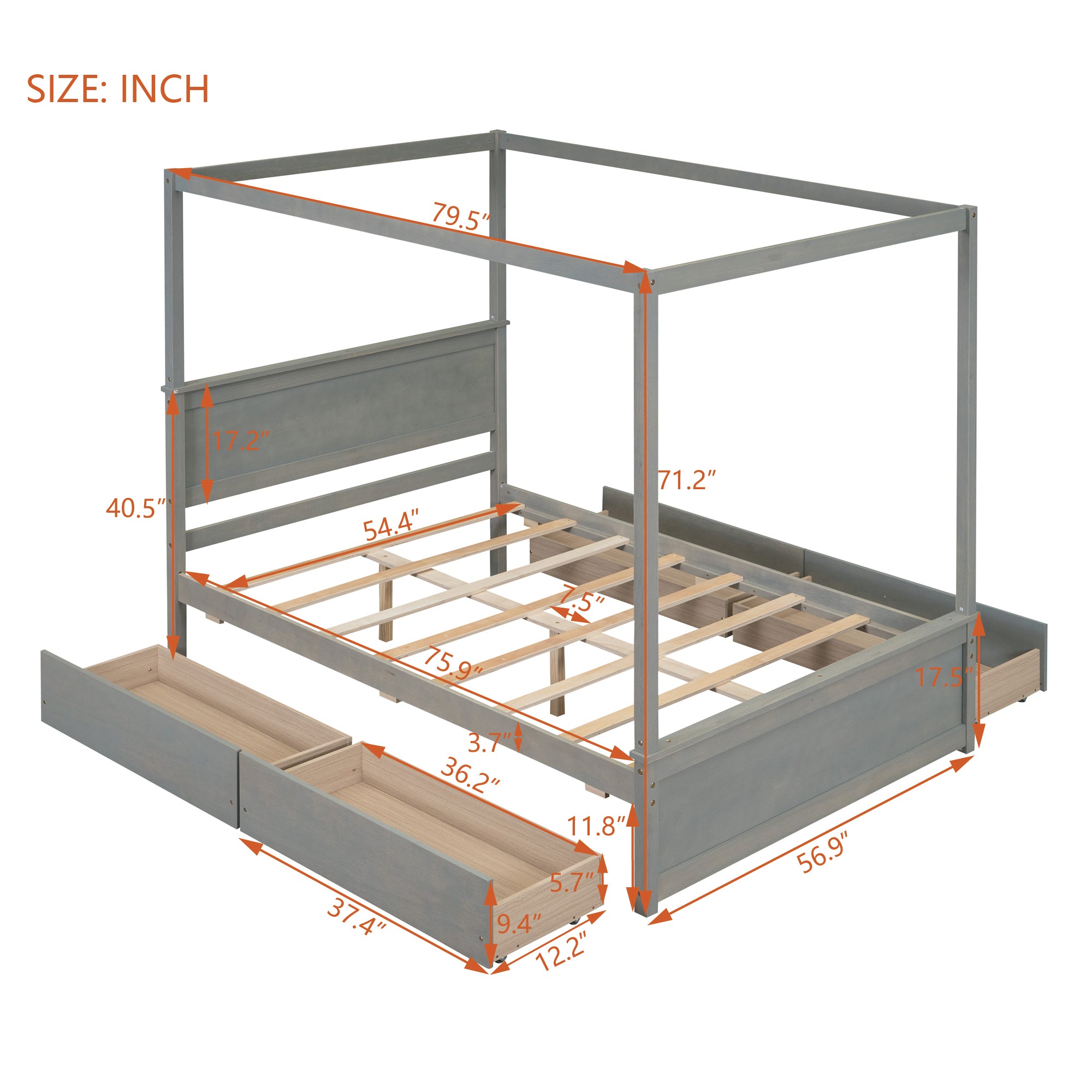 Wood Canopy Bed with four Drawers ,Full Size Canopy Platform Bed With Support Slats .No Box Spring Needed, Brushed Gray - Atlantic Fine Furniture Melbourne FL